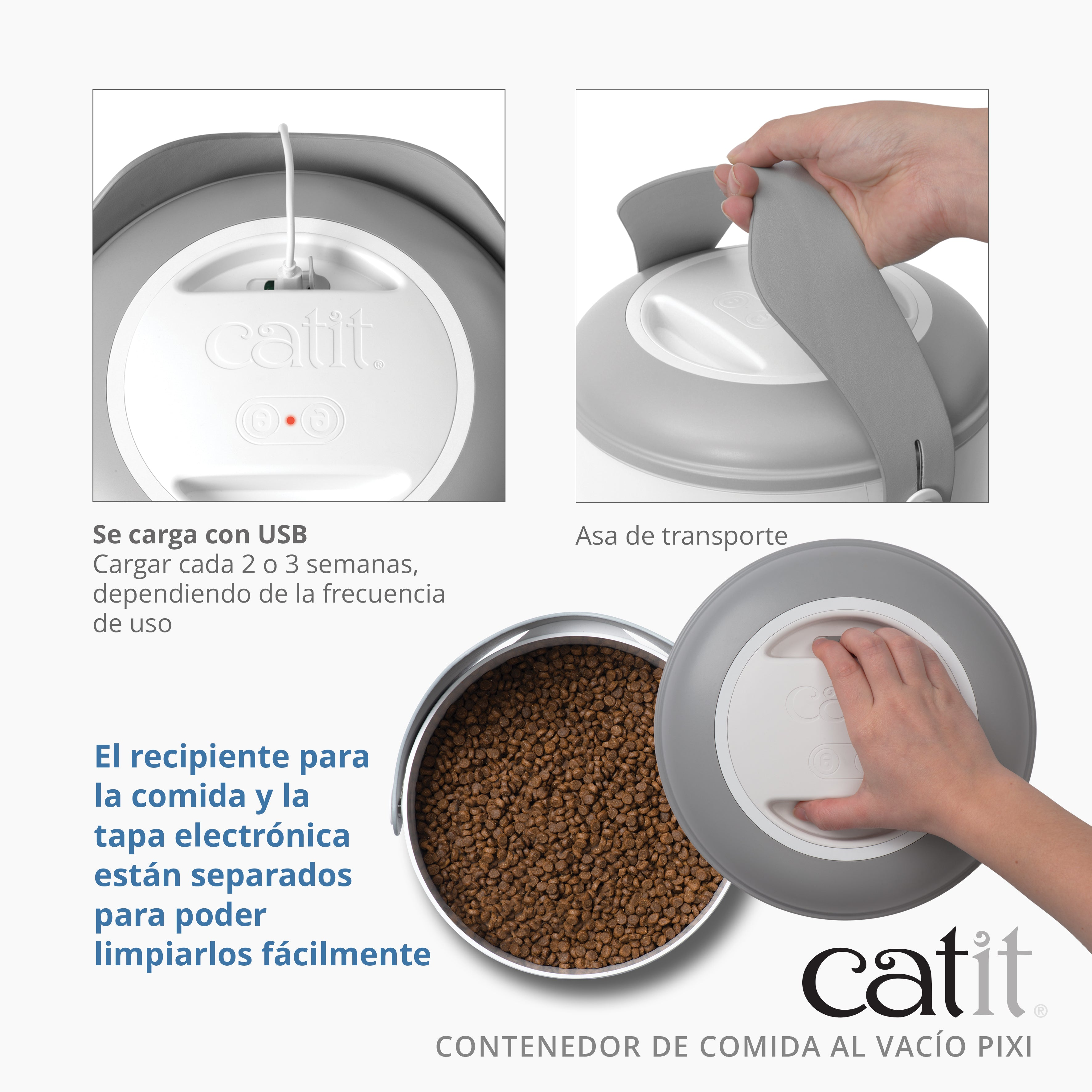 Características del contenedor de comida al vacío Catit Pixi: carga USB, asa de transporte y recipiente extraíble.