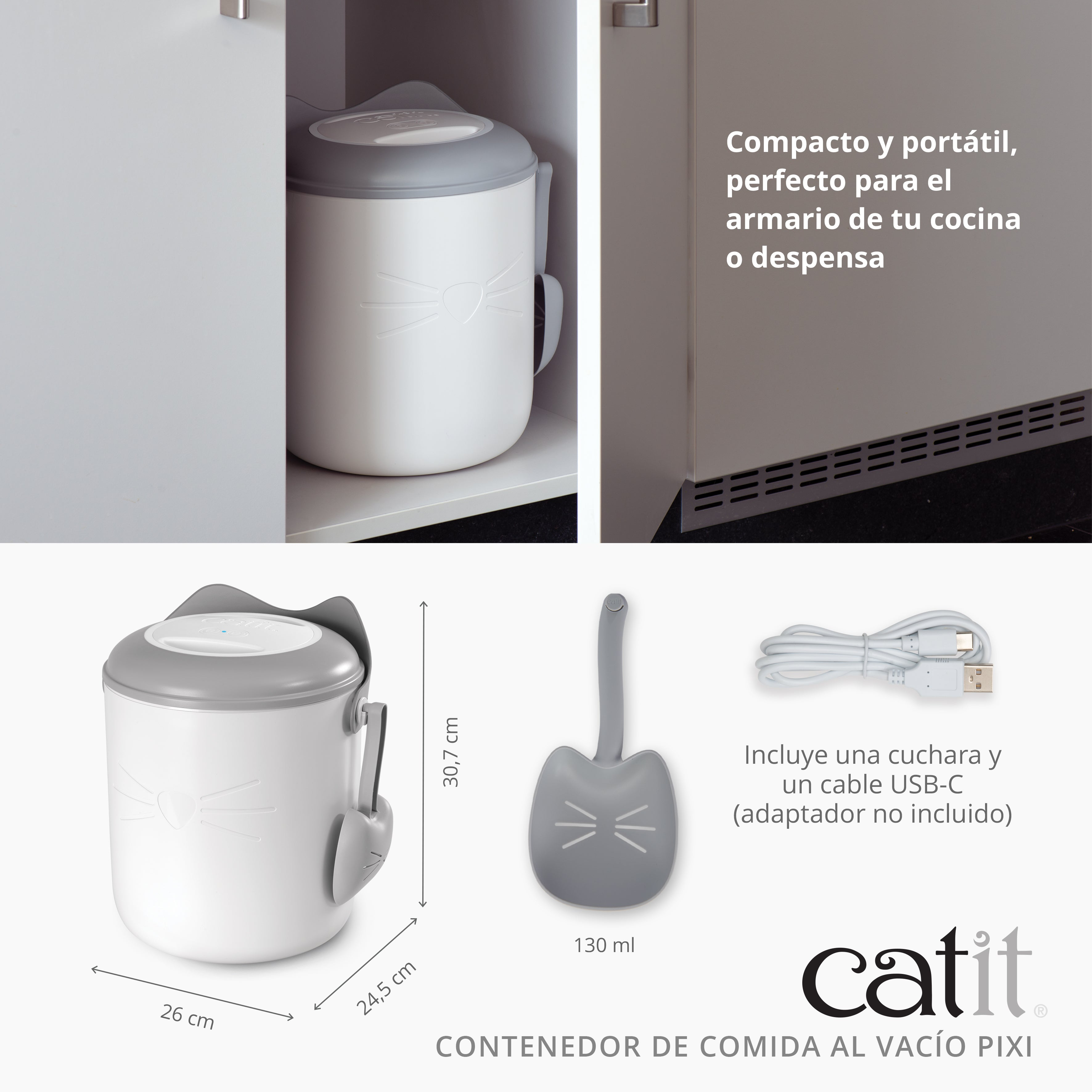 Contenedor de comida al vacío Catit Pixi en blanco y gris con dimensiones, cuchara, cable USB-C y uso en armario.