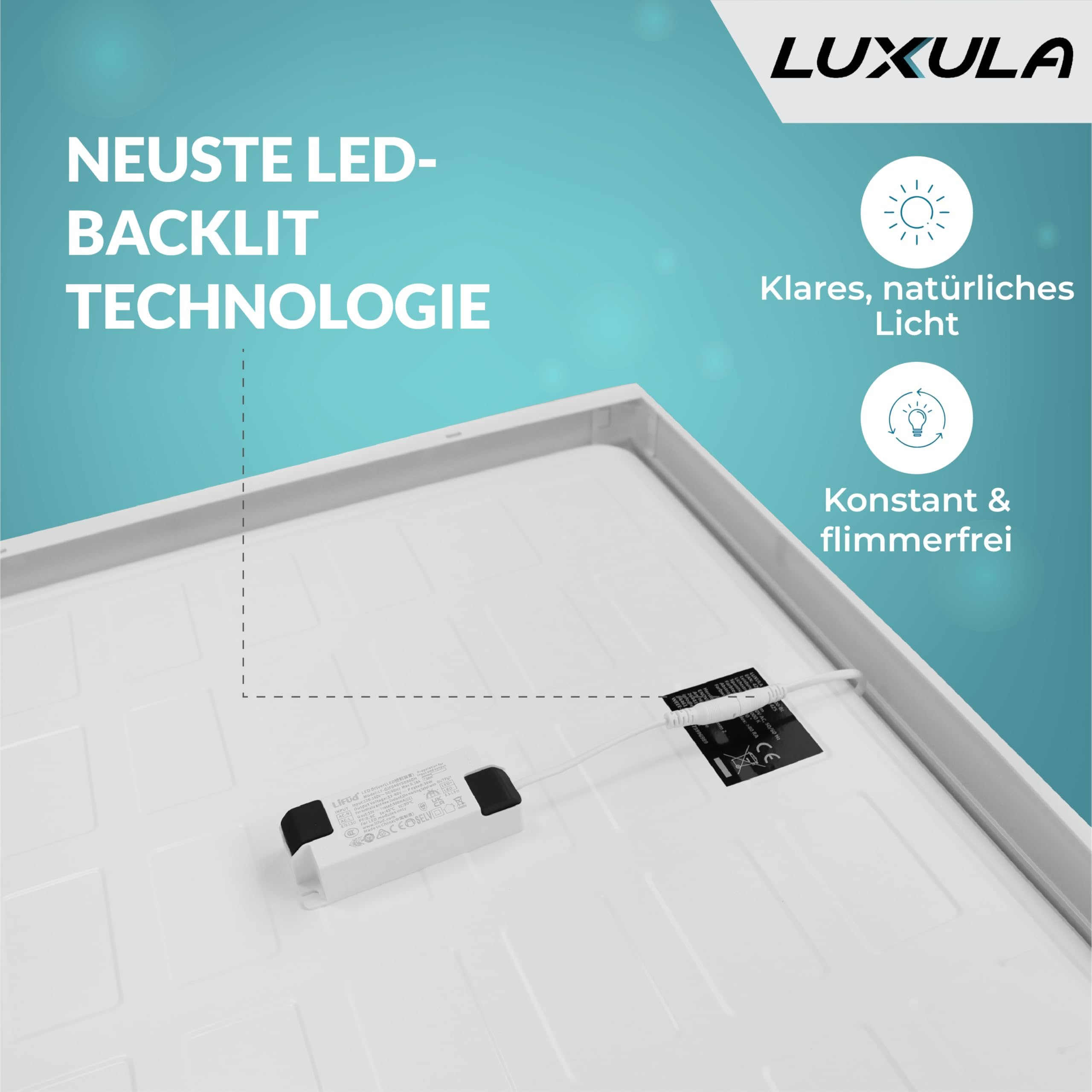 Pannello LED con driver e testo in tedesco su tecnologia, luce chiara e assenza di sfarfallio.