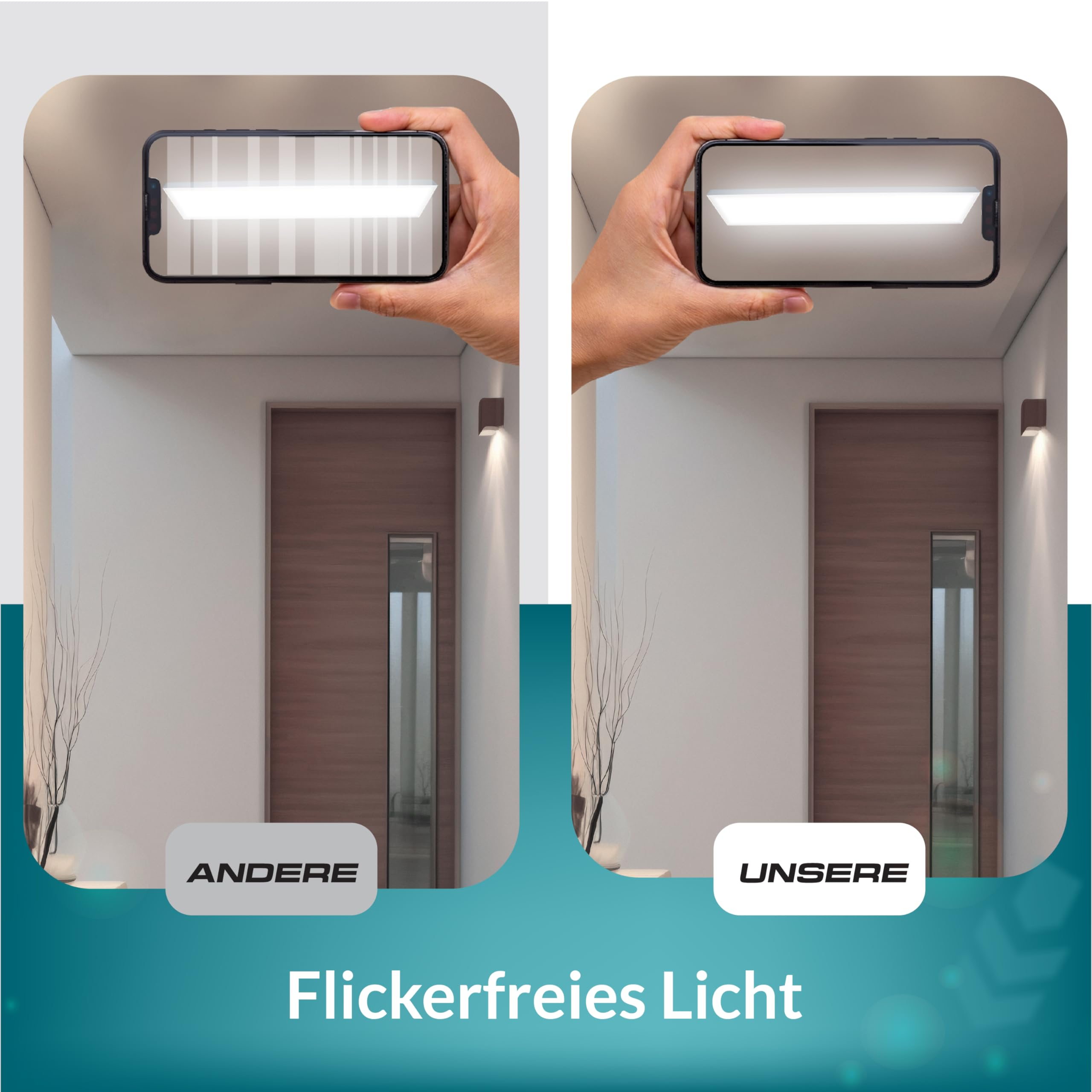 Confronto di due schermi: a sinistra luce tremolante con strisce, a destra luce senza sfarfallio.