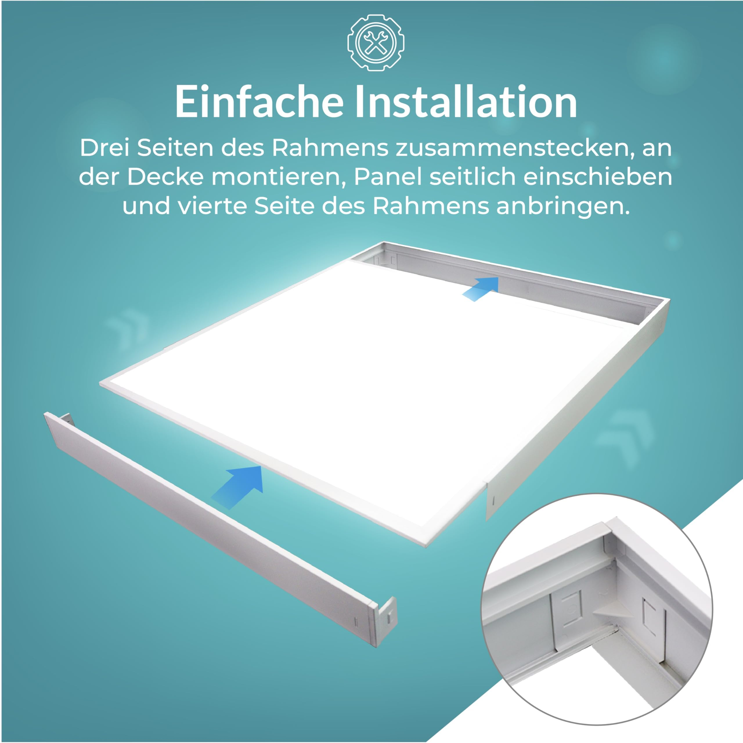 Il diagramma mostra la semplice installazione di un pannello LED bianco con cornice rimovibile.