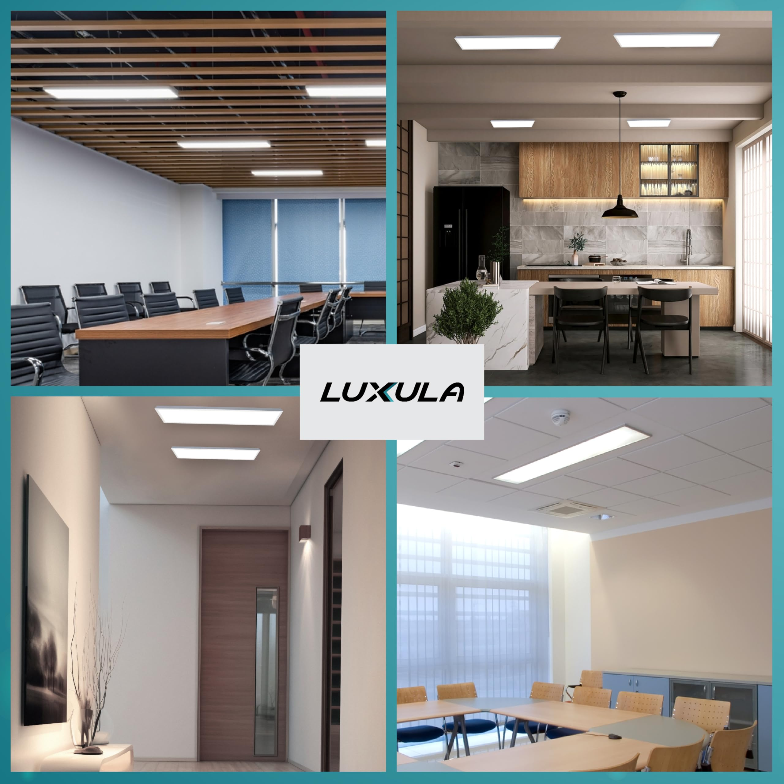 Quattro interni con sala riunioni, cucina moderna, corridoio luminoso e ufficio con luci LED e logo Luxula.