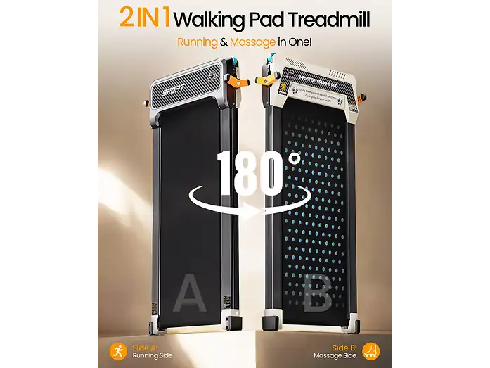Una caminadora 2 en 1 que muestra el lado A para correr y el lado B para masajes, giratoria 180 grados.