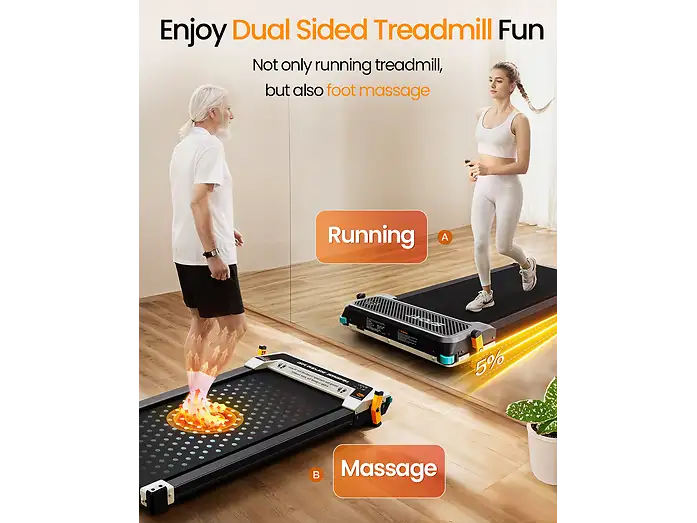 Anuncio de una caminata de doble cara que se puede usar para correr y masajes de pies.