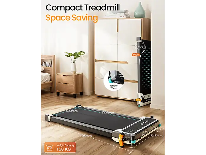 Caminadora compacta en suelo de madera con medidas, y otra plegada guardada verticalmente junto a un armario blanco.