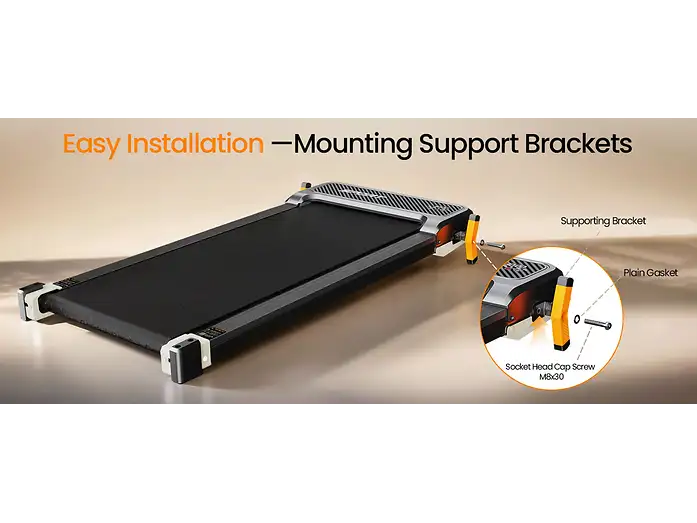 Diagrama que muestra la fácil instalación de soportes en una caminadora negra.