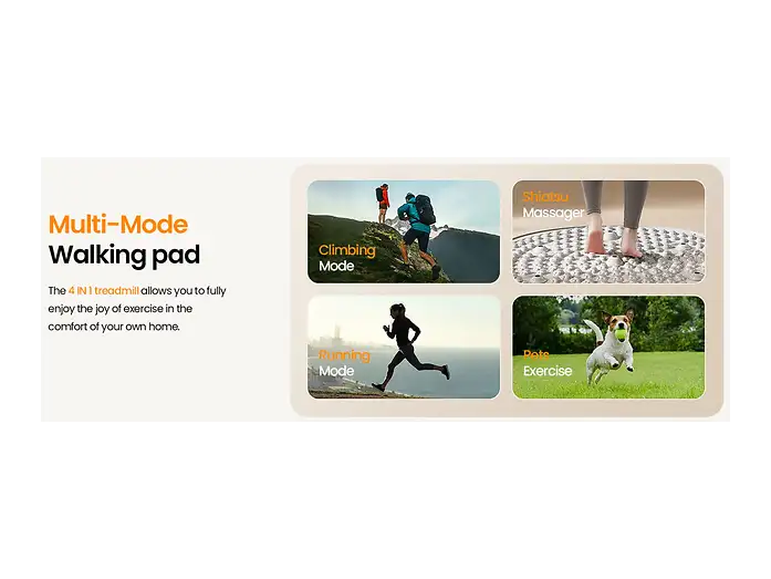 Caminadora multimodo que muestra cuatro funciones: escalada, masaje, correr y ejercicio para mascotas.