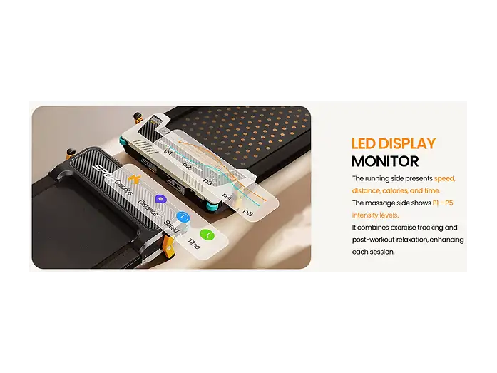 Monitor de pantalla LED de un dispositivo de fitness que muestra estadísticas y niveles.