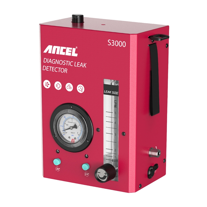 Rilevatore di perdite diagnostico ANCEL S3000 rosso con manometro, flussometro e pulsanti di controllo su sfondo bianco.
