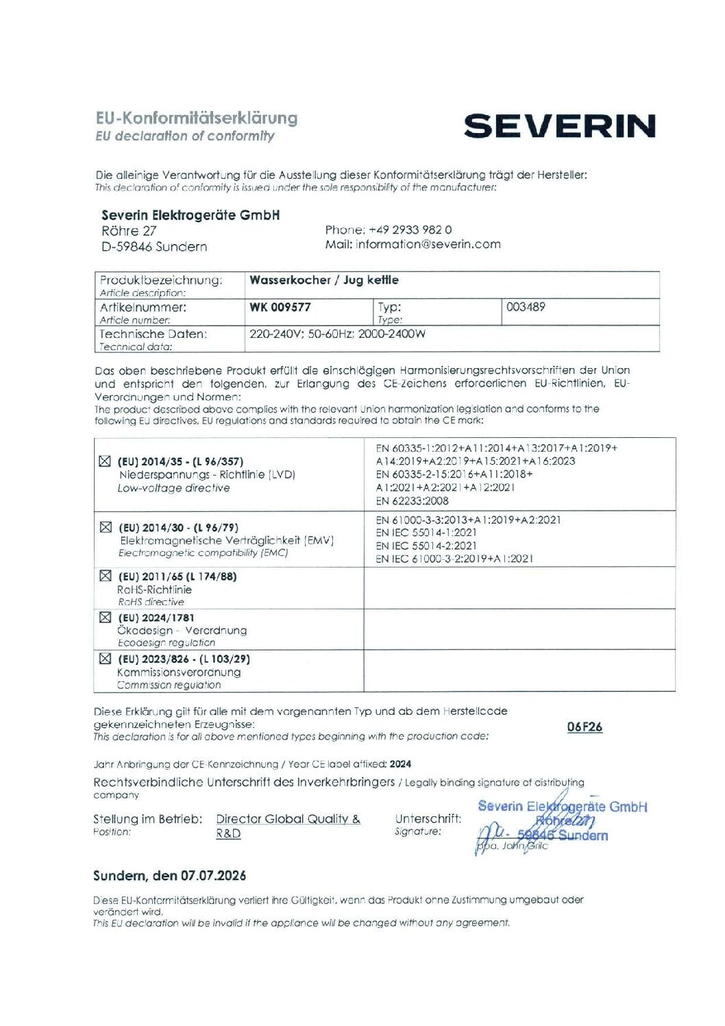 EU-Konformitätserklärung für Severin Wasserkocher Modell WK 009577.