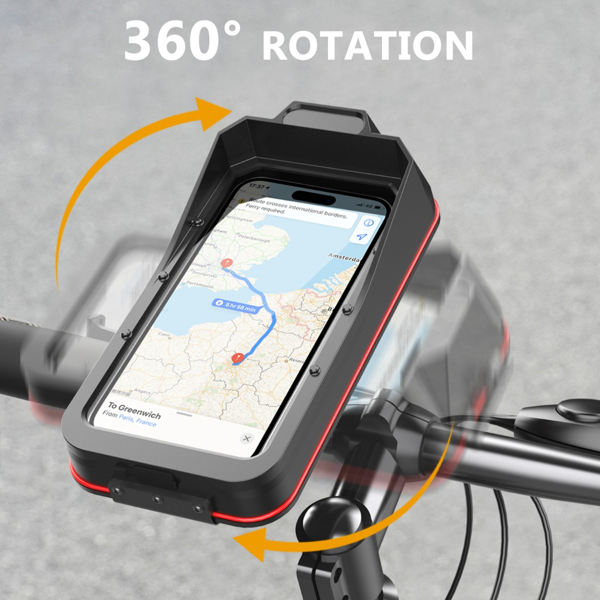 Smartfon w uchwycie rowerowym z mapą, z czerwonymi akcentami i żółtymi strzałkami obrotu o 360 stopni.