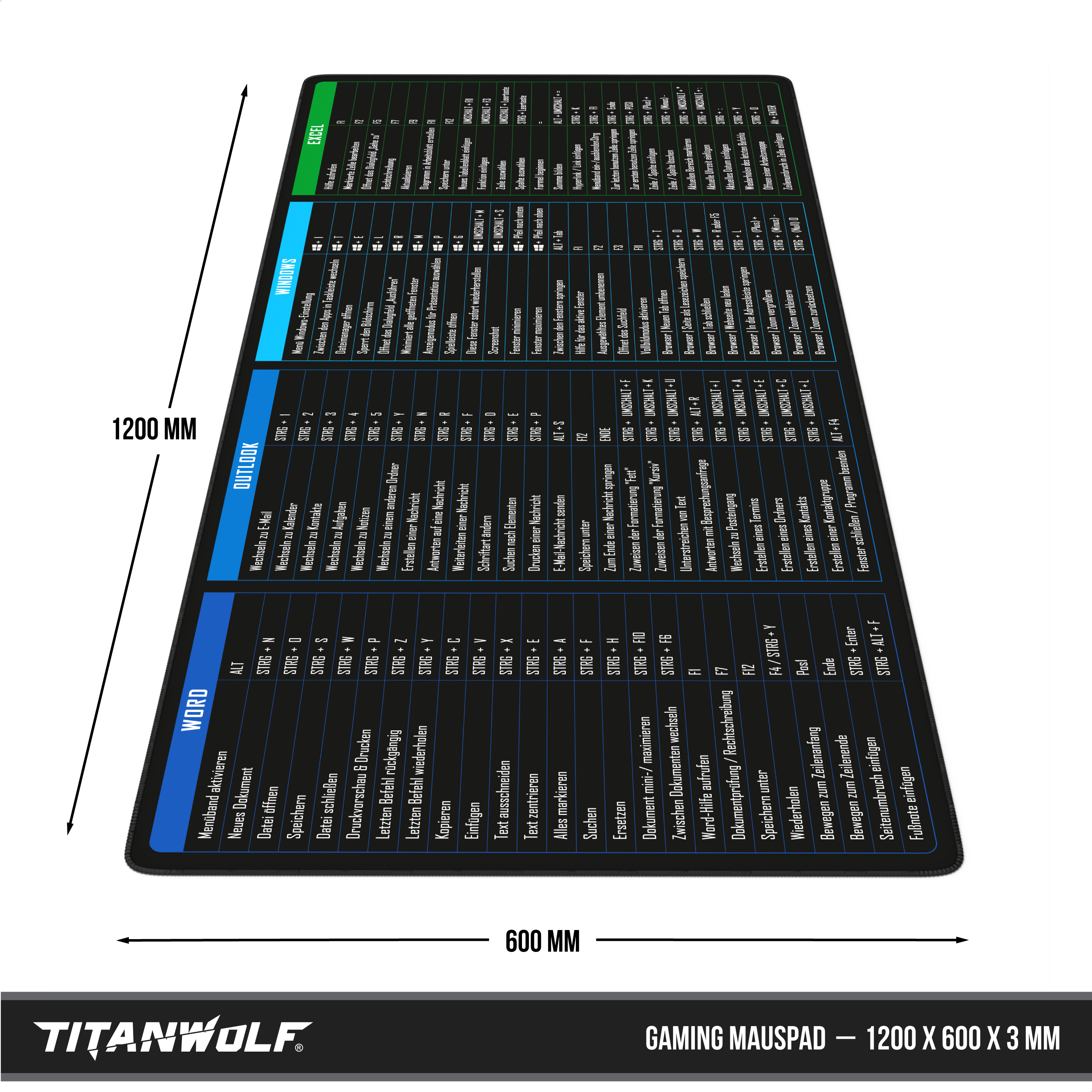 Titanwolf Gaming-Mauspad mit Tastatur-Shortcuts für Office-Anwendungen.