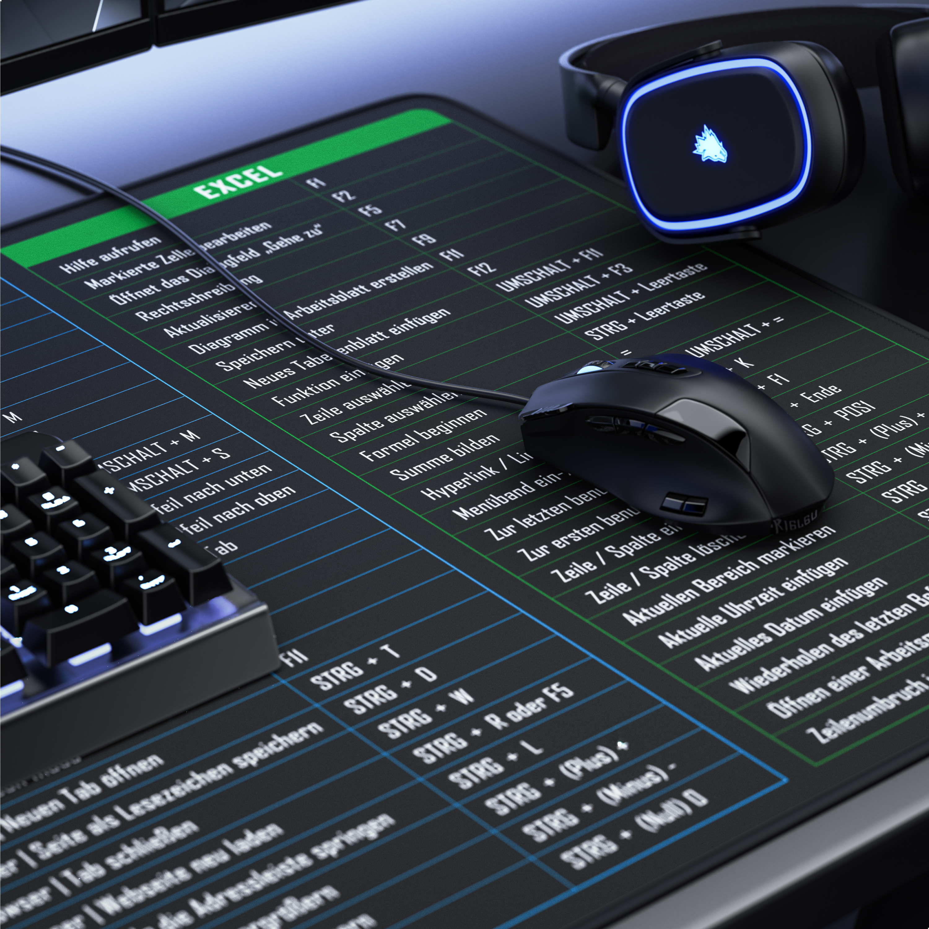 Eine schwarze Gaming-Maus und Kopfhörer liegen auf einem Mauspad mit Excel-Tastenkombinationen.