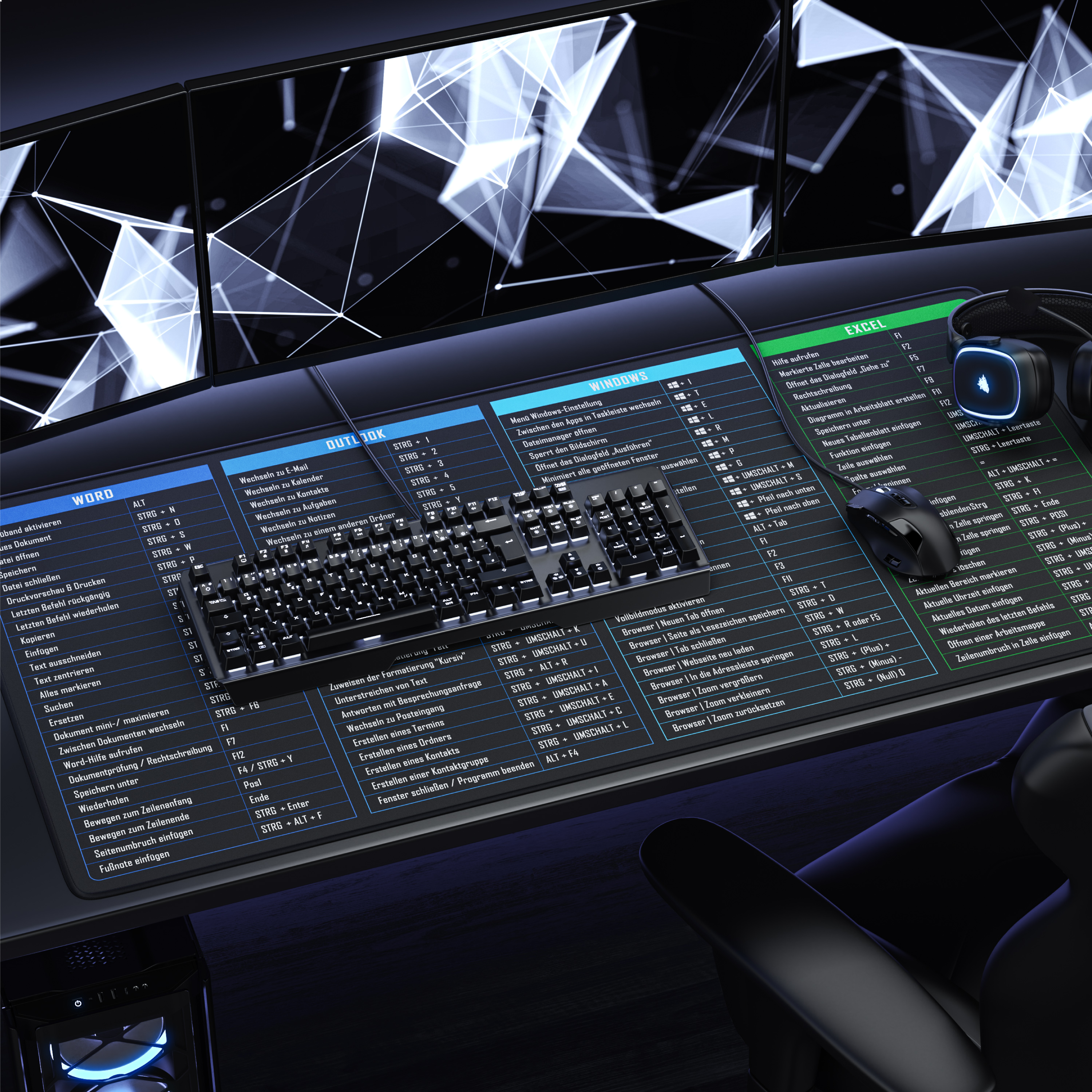 Multi-Monitor-Arbeitsplatz mit Tastatur, Maus und leuchtenden Shortcut-Tafeln.