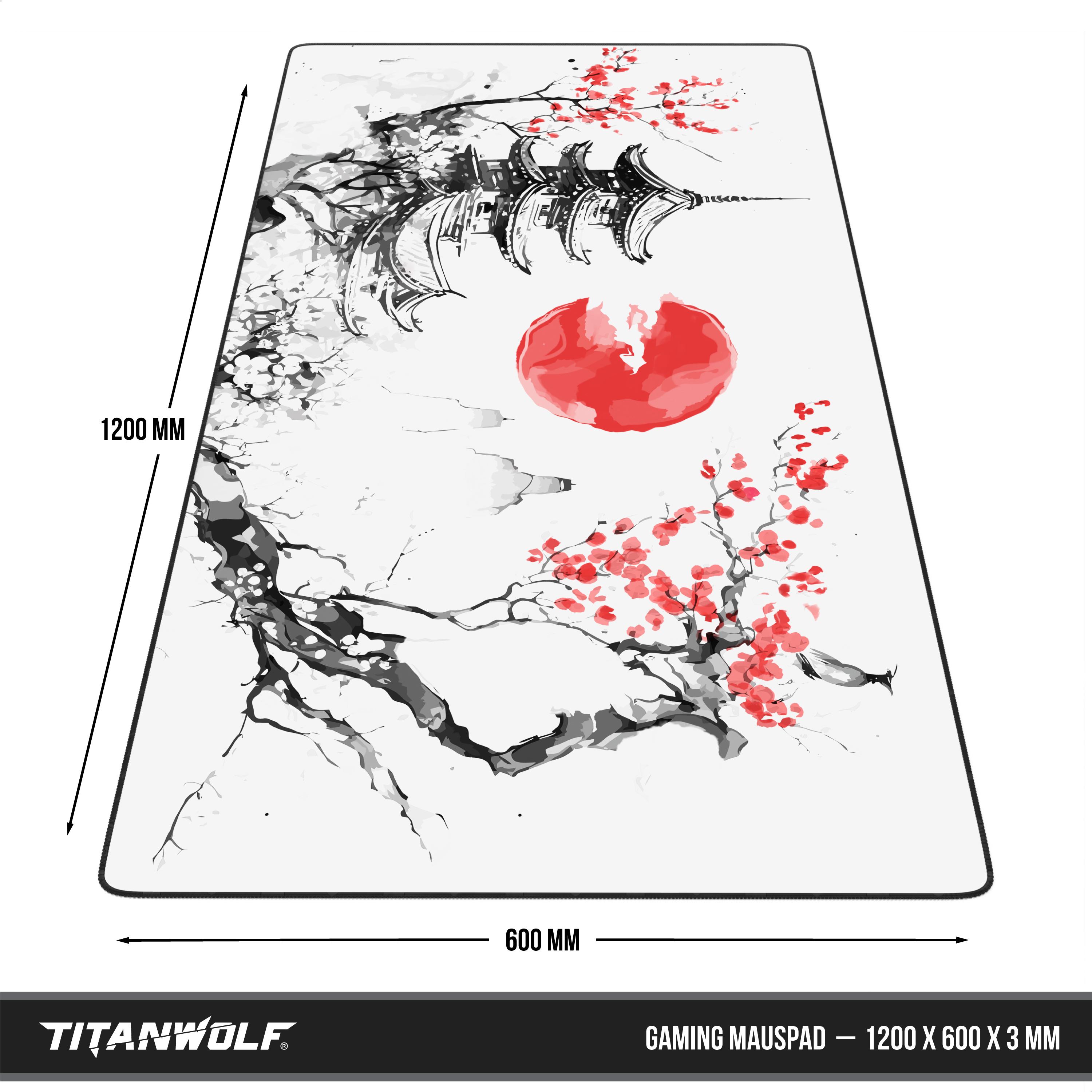 Titanwolf Gaming-Mauspad mit japanischem Kirschblüten- und Pagoden-Design, 1200x600 mm.