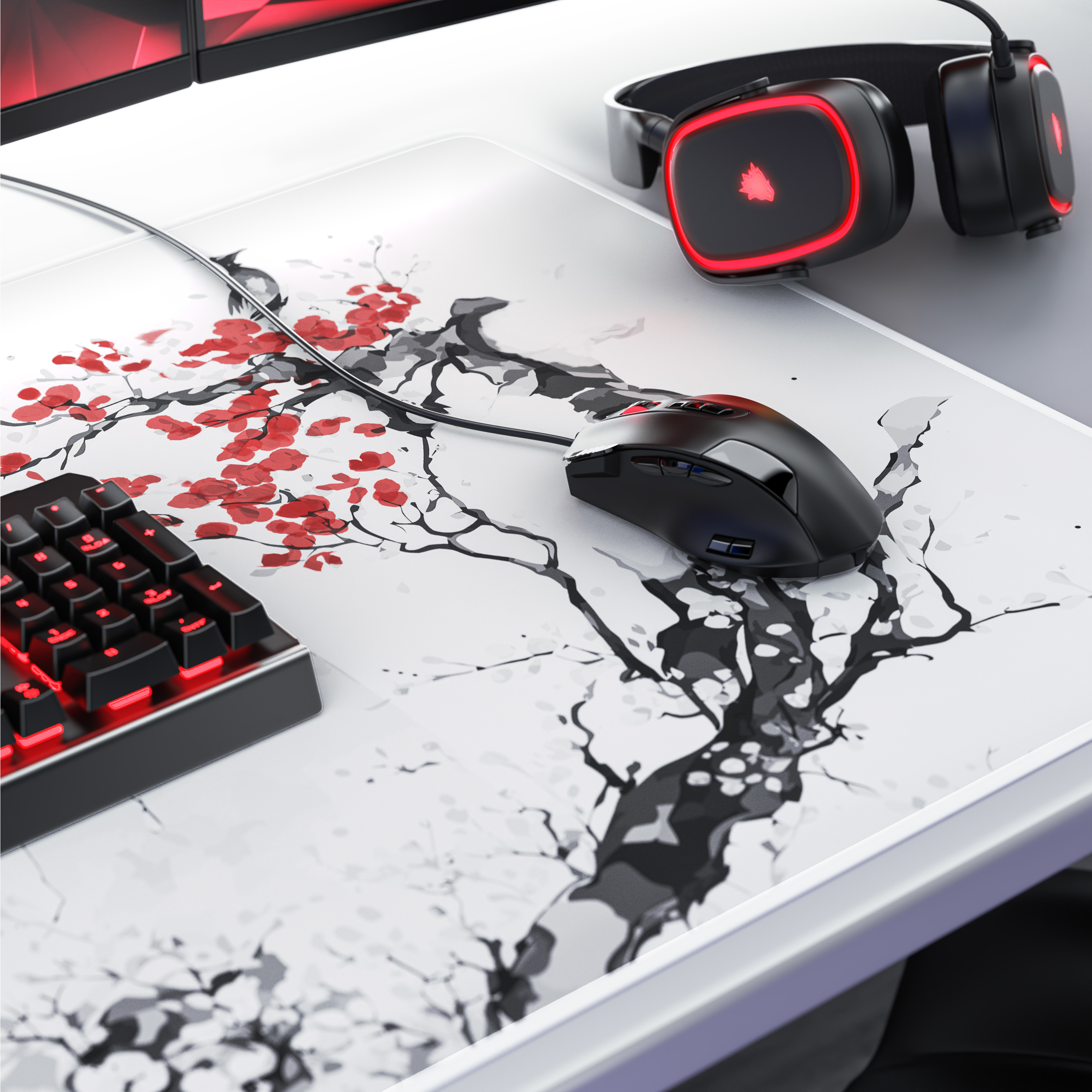 Gaming-Schreibtisch mit Mauspad mit Kirschblütenmotiven, schwarzer Tastatur, Maus und rot beleuchteten Kopfhörern.