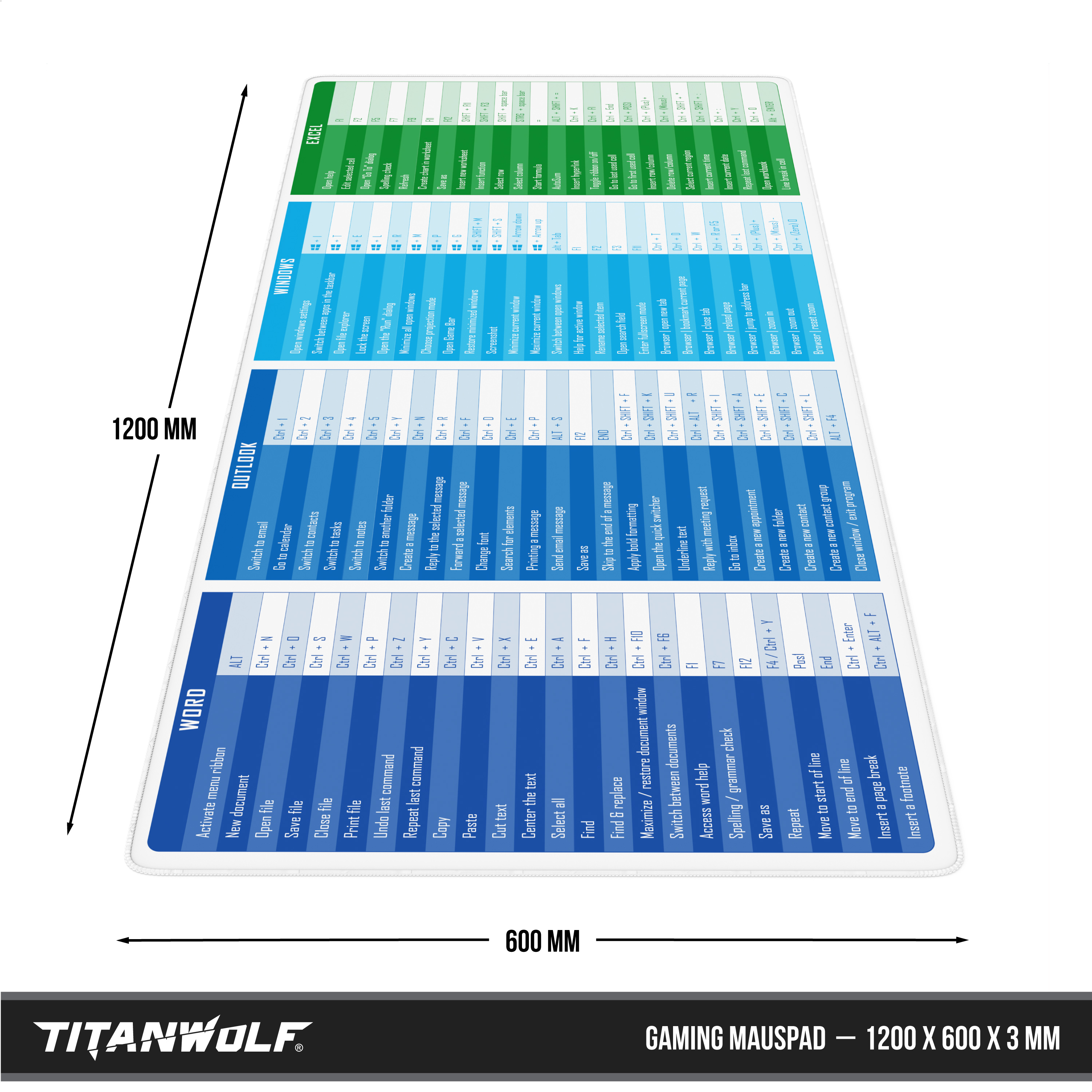 Titanwolf Gaming-Mauspad mit Tastatur-Tastenkombinationen für Word, Outlook, Windows und Excel auf farbigen Feldern.
