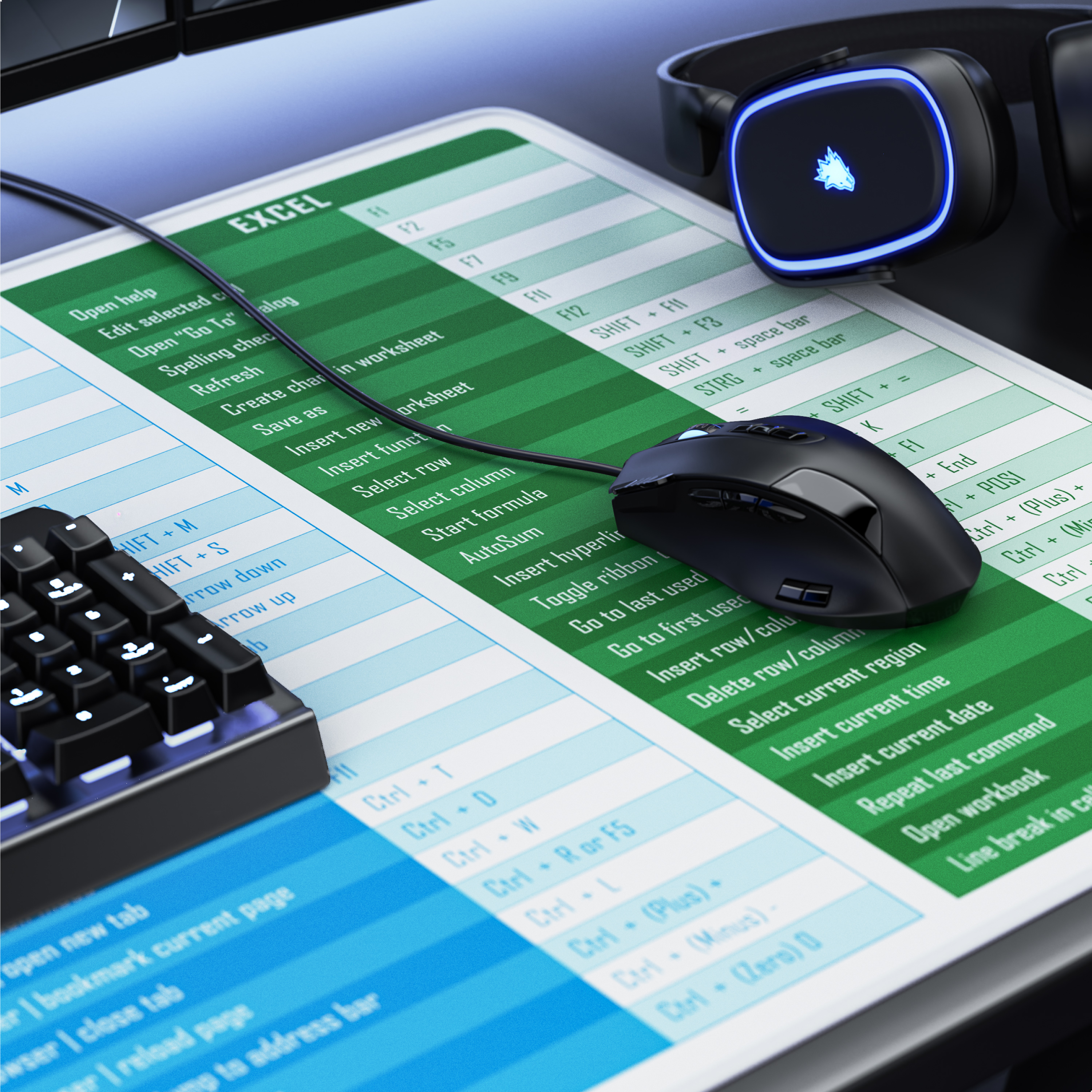Eine Excel-Tastenkombinationsunterlage mit einer schwarzen Maus und Kopfhörern.
