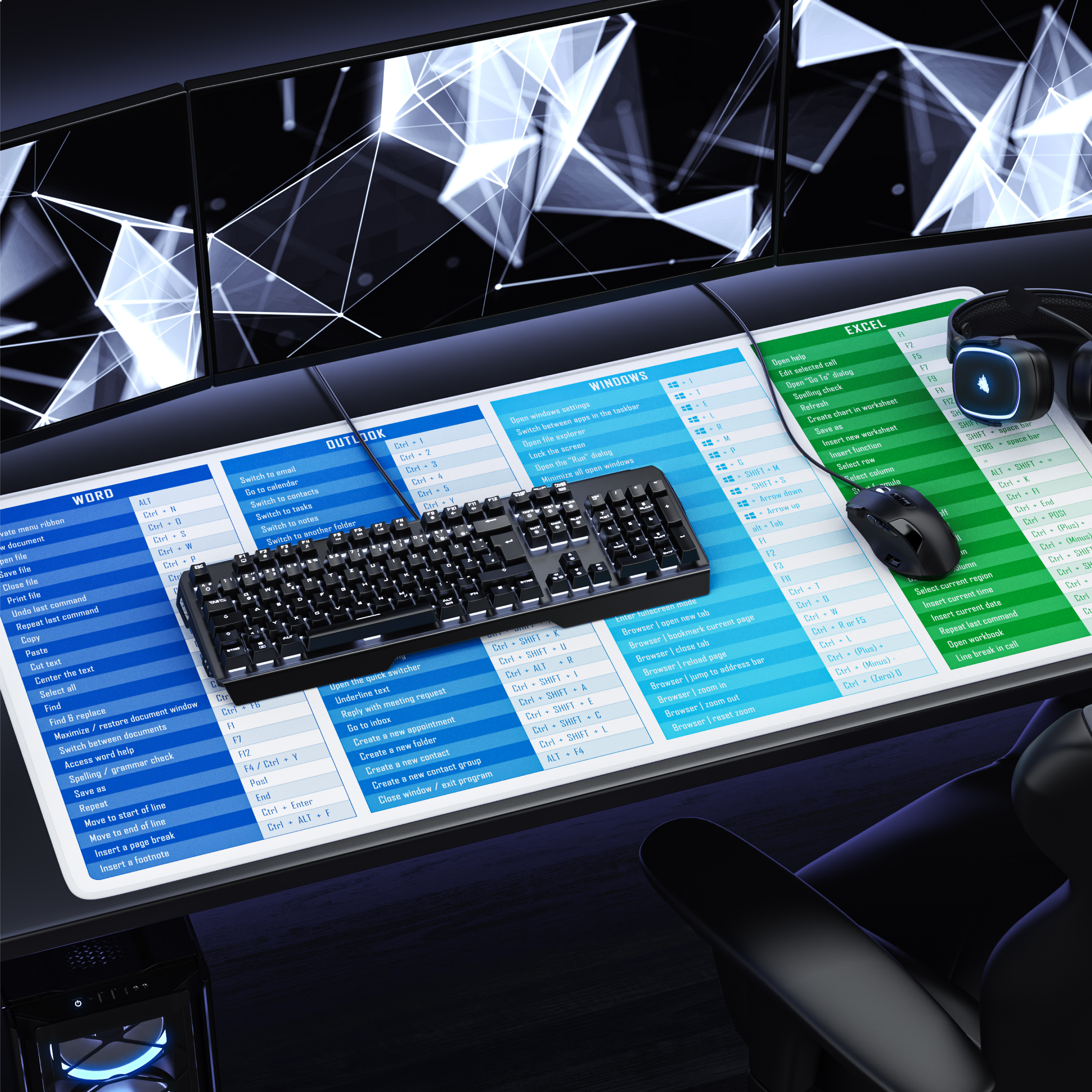 Ein Gaming-Setup mit Tastatur und Maus auf einem großen Tastenkombinationen-Mauspad, mehreren Monitoren und Kopfhörern.