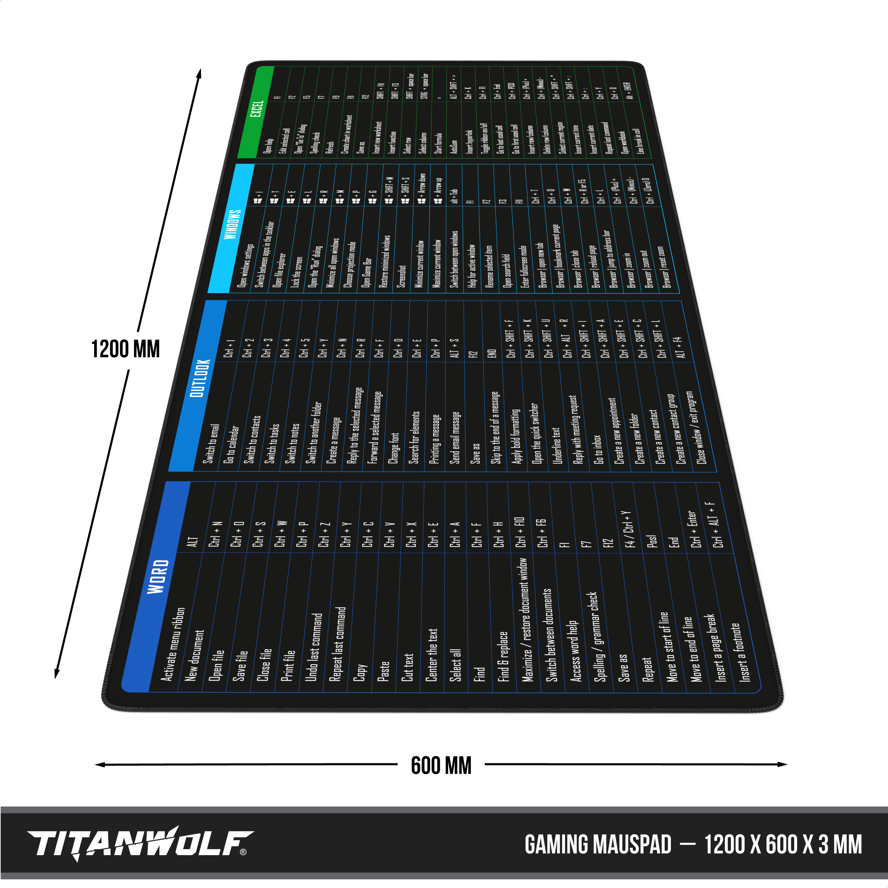 Ein schwarzes Titanwolf Gaming-Mauspad zeigt Tastenkombinationen für Word, Outlook, Windows und Excel.