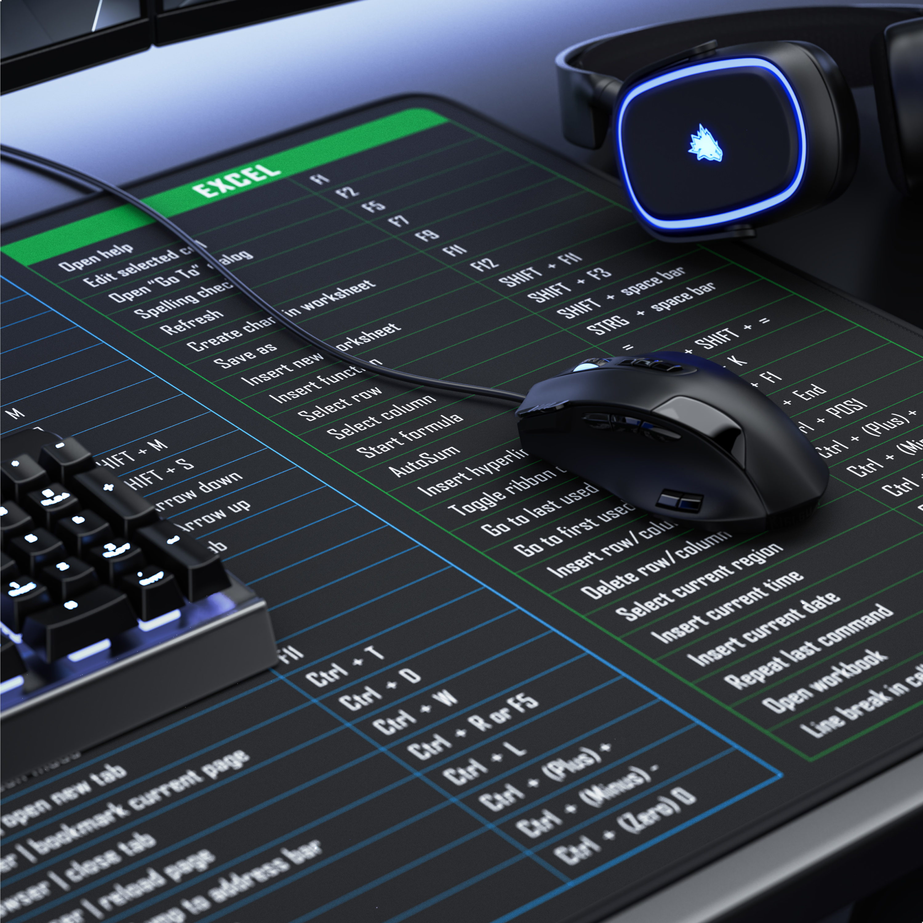 Eine schwarze Gaming-Maus und Tastatur auf einem Mauspad mit Excel-Tastenkombinationen, dazu blau beleuchtete Kopfhörer.