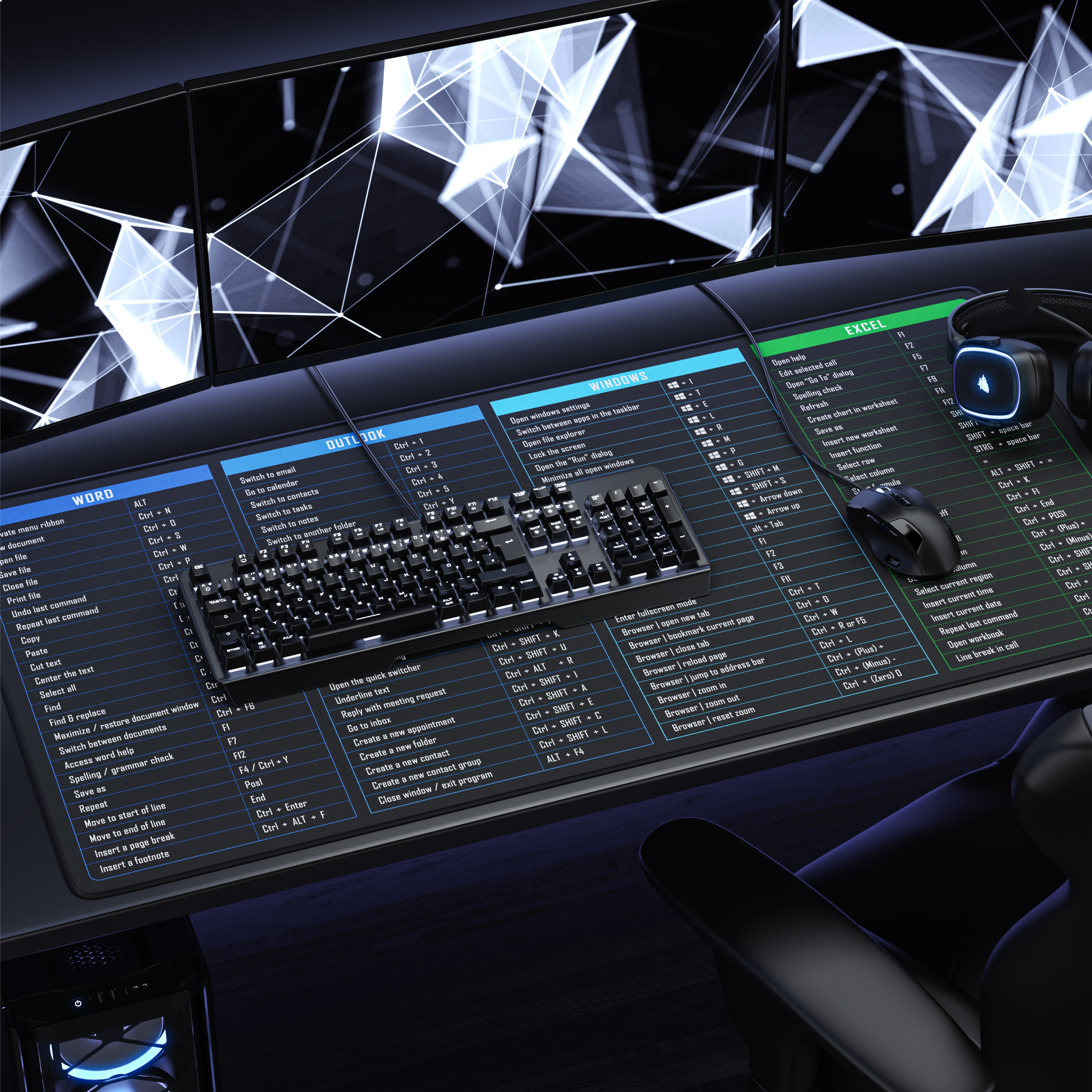 Ein Gaming-Schreibtisch mit Shortcuts für Word, Outlook, Windows und Excel, Tastatur, Maus und Monitoren.