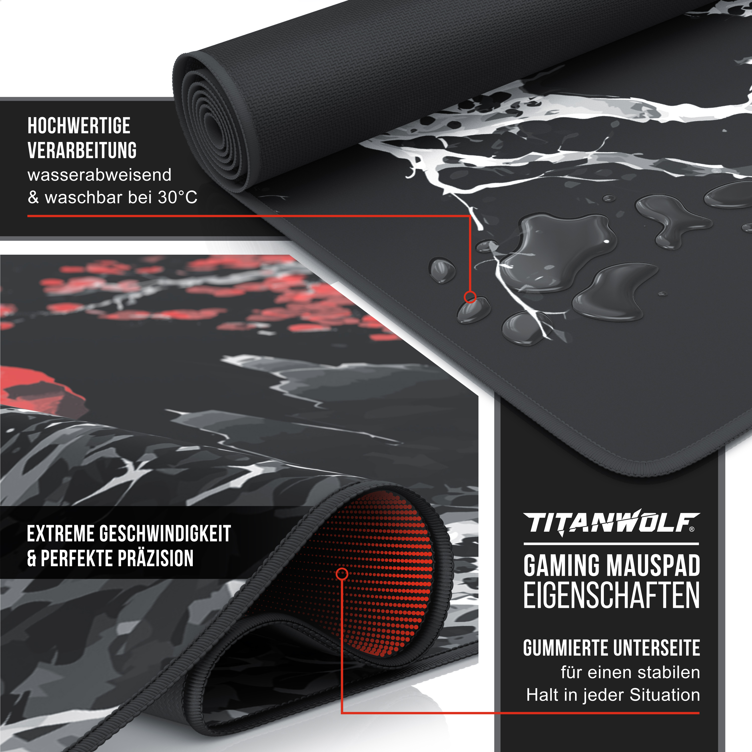 Titanwolf Gaming-Mauspad mit wasserabweisender Oberfläche und gummierter Unterseite für optimalen Halt.
