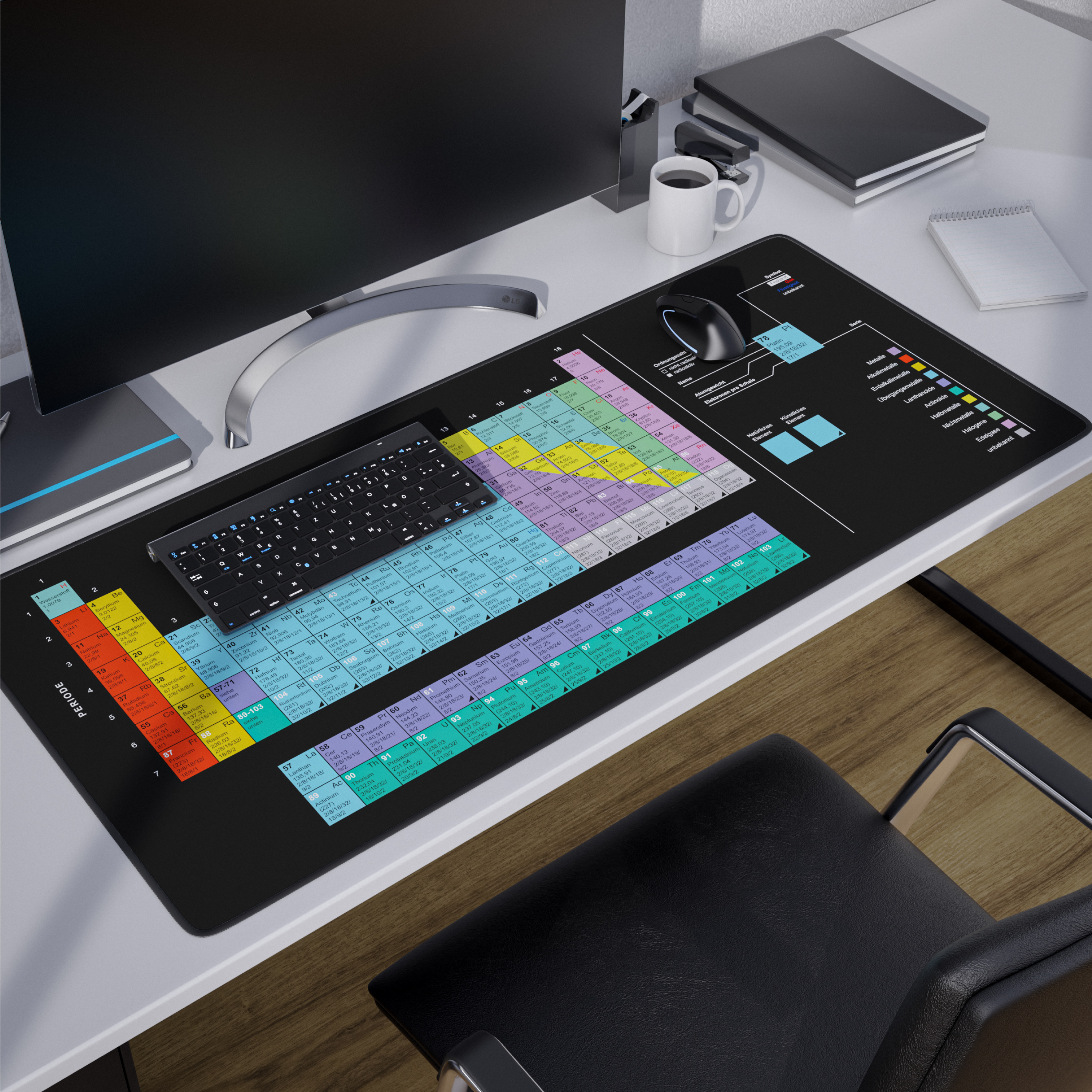 Schreibtisch mit Monitor, kabelloser Tastatur, Maus und einer Schreibtischunterlage mit Periodensystem.