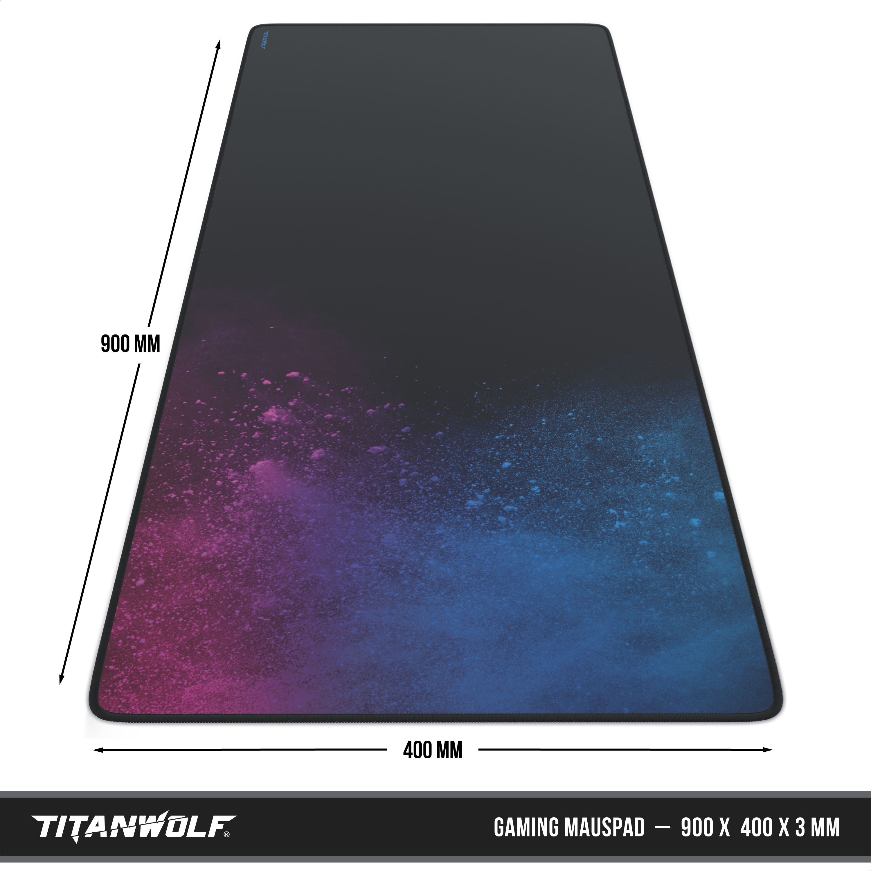 Ein großes Titanwolf Gaming-Mauspad mit rosa-blauem Farbverlauf und Maßen von 900x400 mm.