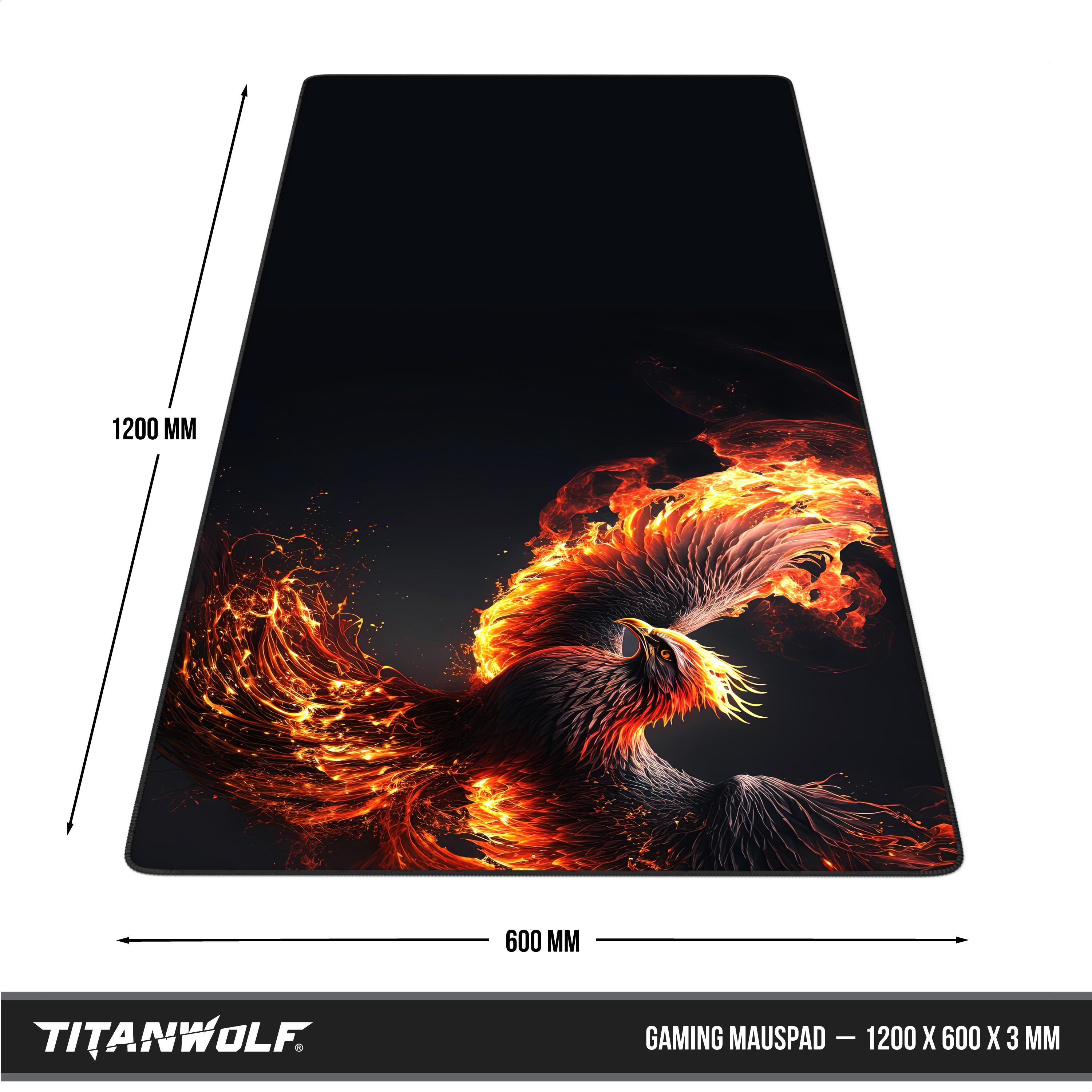 Titanwolf Gaming-Mauspad, 1200x600x3 mm, mit einer Grafik eines feurigen Phönix auf schwarzem Grund.