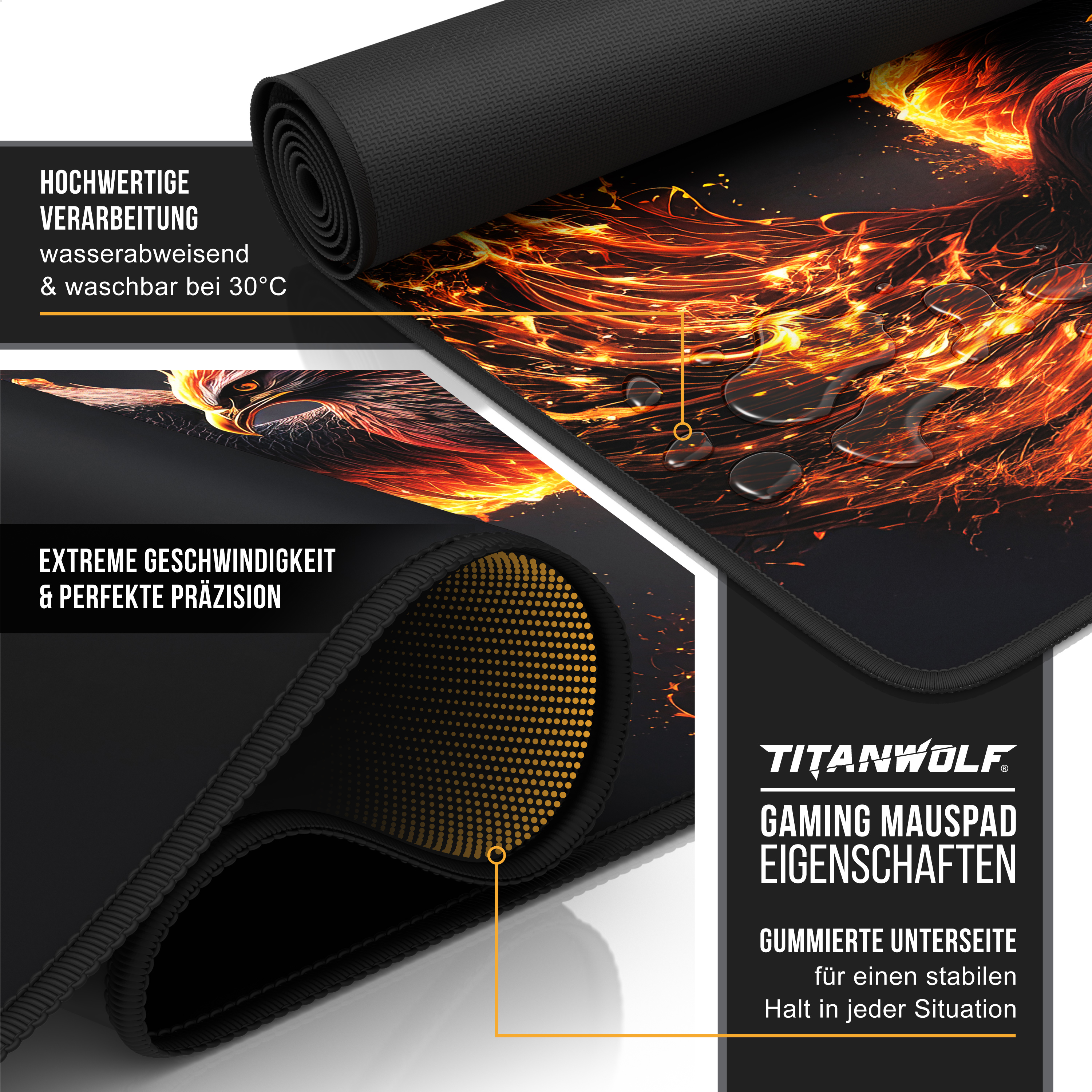 Titanwolf Gaming-Mauspad mit Feuergrafik, Wassertropfen und gummierter Unterseite.