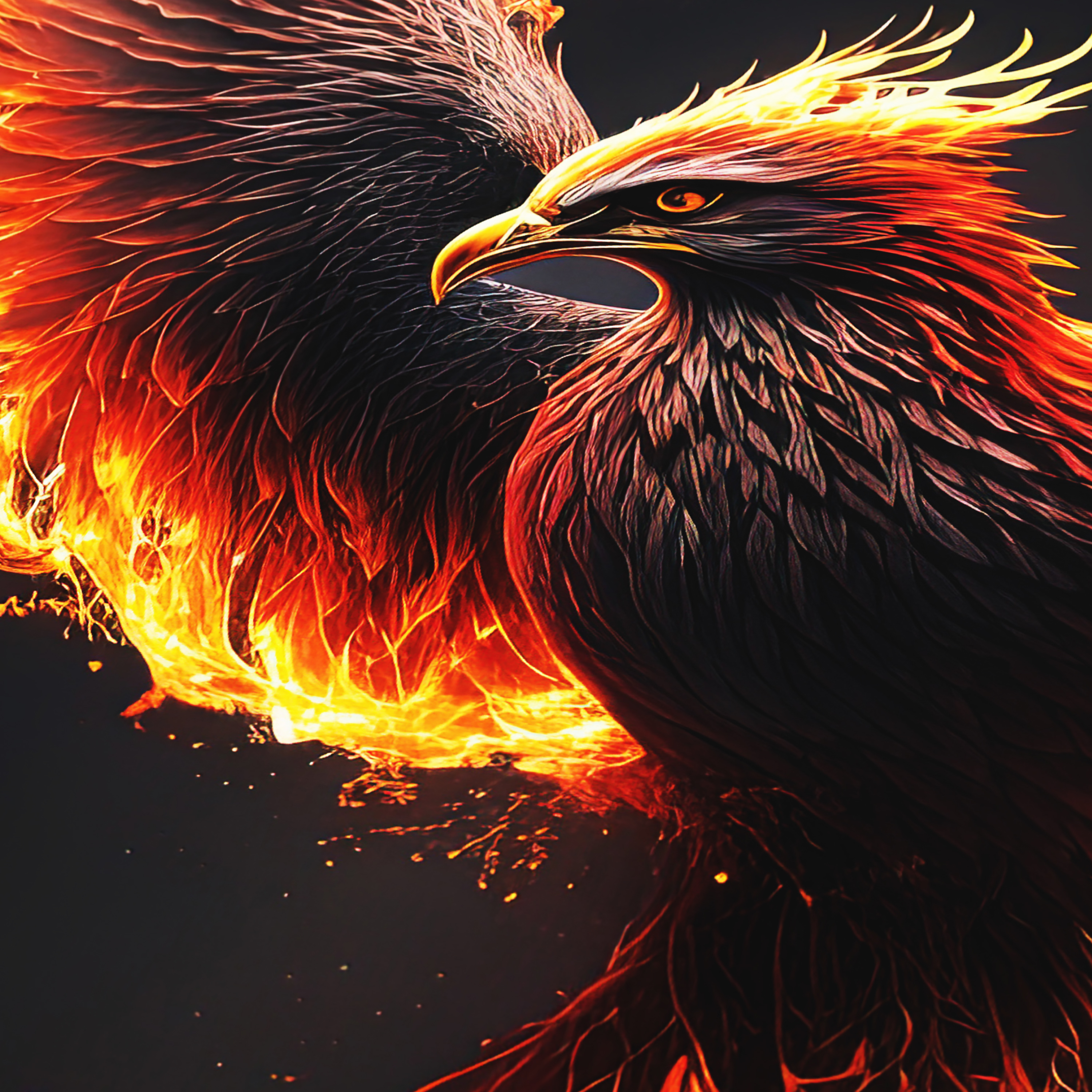 Ein majestätischer mythischer Phönix mit dunklen und feurig orangen Federn vor dunklem Hintergrund.