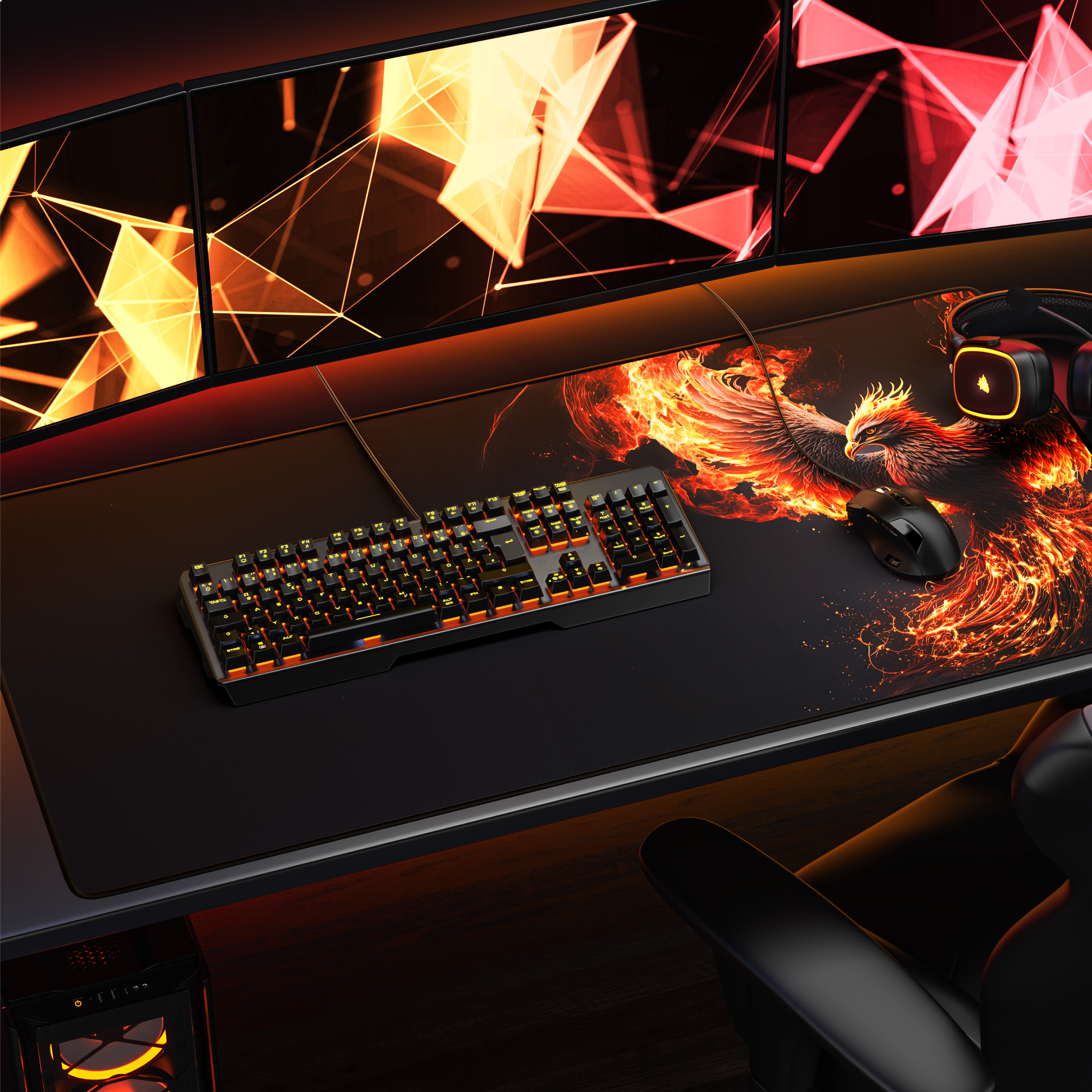 Gaming-Schreibtisch mit Tastatur, Maus, Headset, großem Phönix-Mauspad und drei Monitoren.