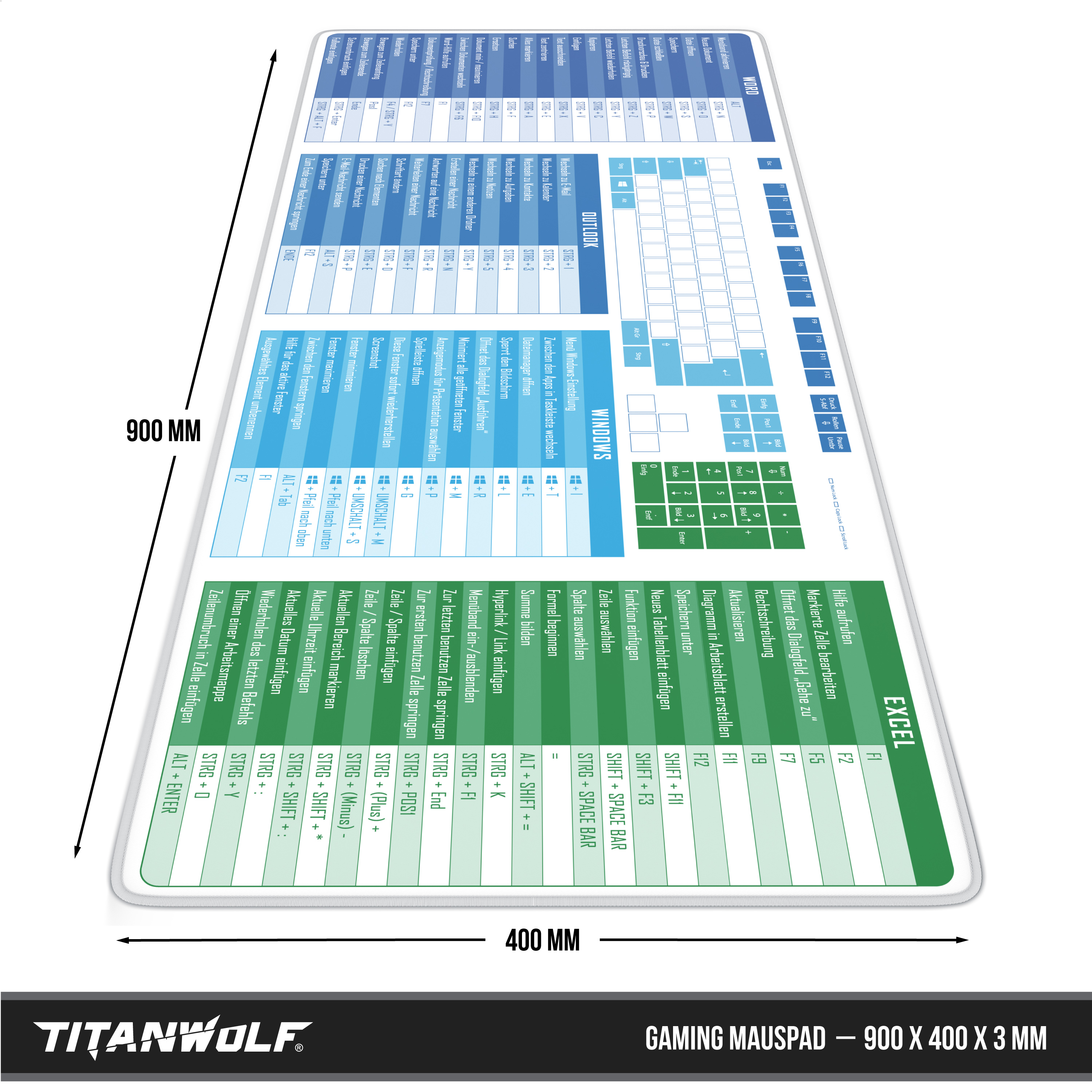 Titanwolf Gaming-Mauspad, 900x400x3 mm, mit Shortcut-Tabellen für Excel, Word, Outlook und Windows.
