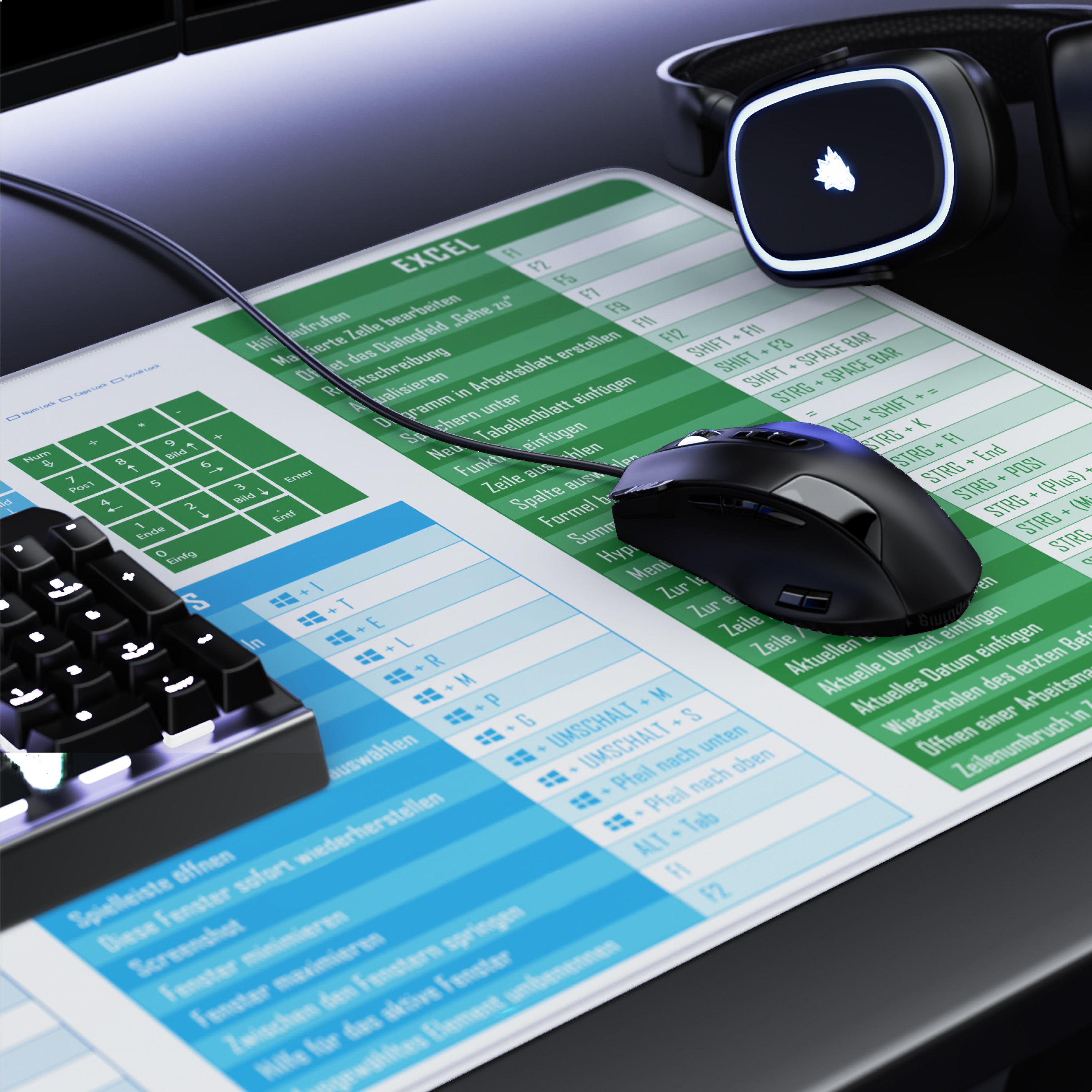Eine Schreibtischunterlage mit Excel-Kurzbefehlen, darauf eine schwarze Computermaus, Tastatur und beleuchtete Kopfhörer.