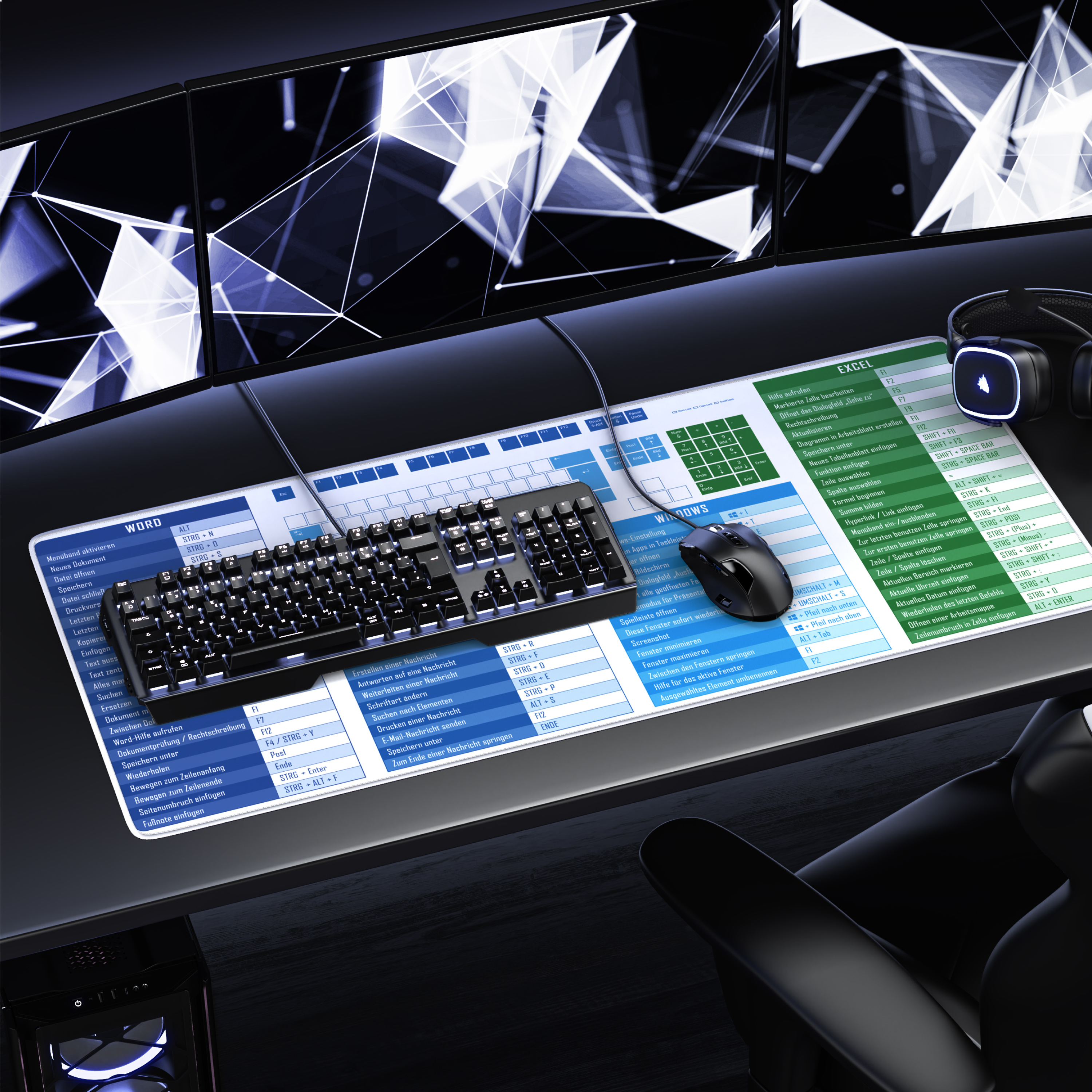 Gaming-Schreibtisch mit vier Monitoren, Tastatur, Maus und Kopfhörern auf einer Shortcut-Schreibtischunterlage.
