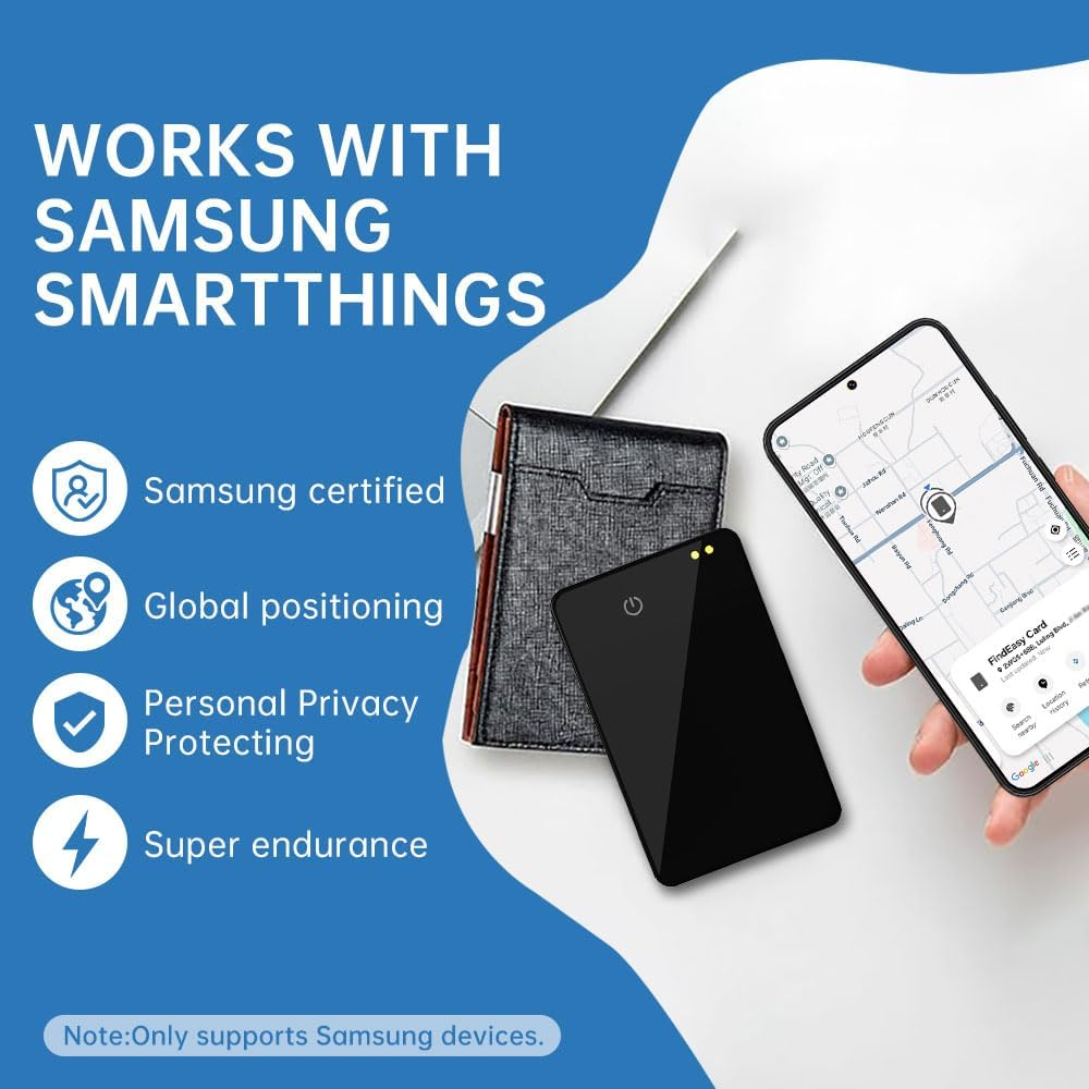 Werbung für Samsung SmartThings mit Produktfeatures wie Zertifizierung und Ortung neben Smartphone und Wallet.