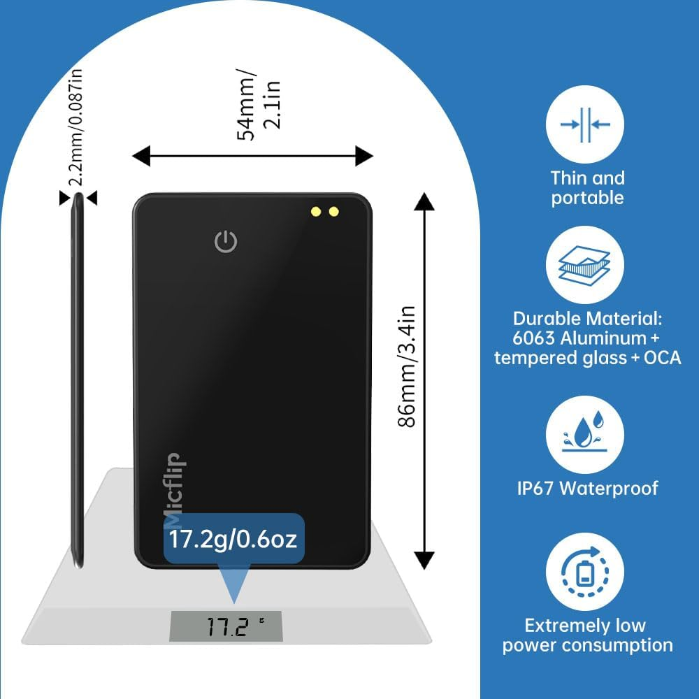 Technische Zeichnung einer schlanken, wasserdichten Powerbank mit Maßangaben und Funktionssymbolen.