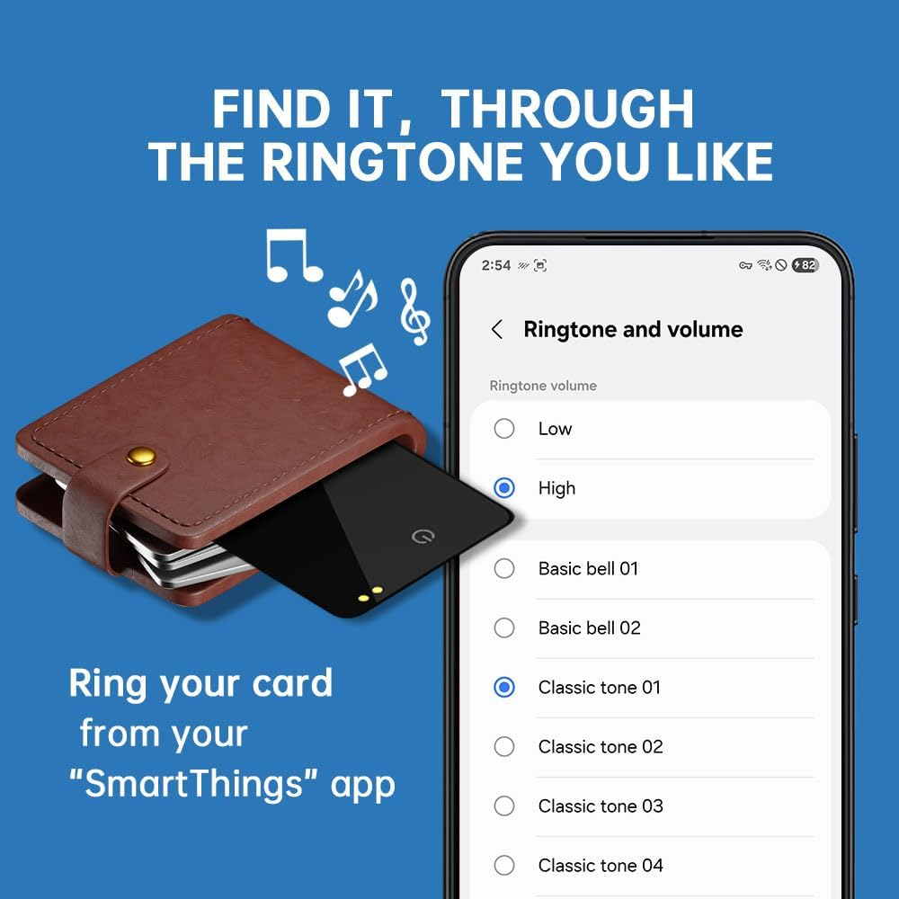 Smartphone mit Klingelton-Einstellungen und eine braune Lederbrieftasche mit Smart-Karte auf blauem Hintergrund.