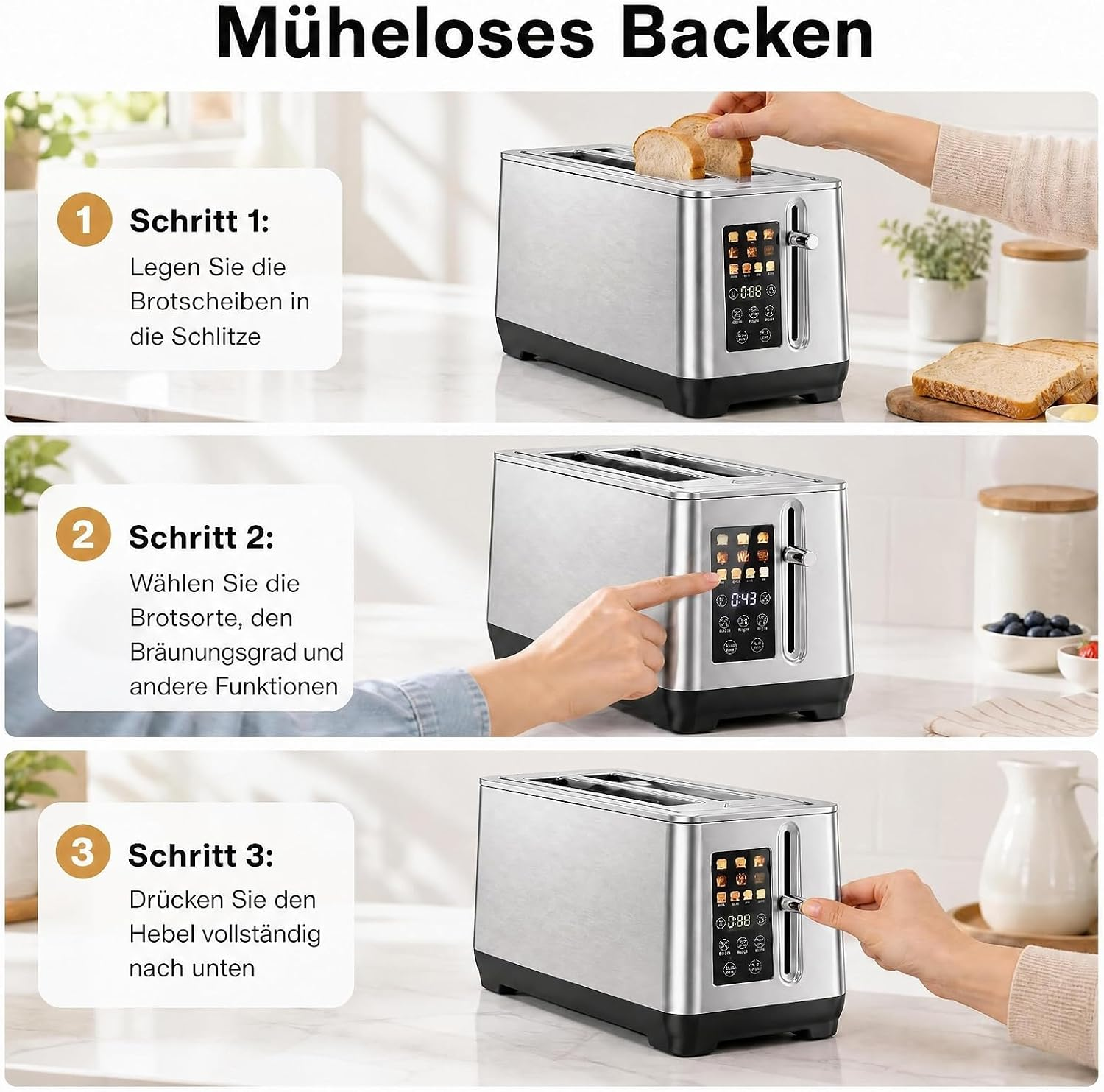 Drei Schritte zeigen die Bedienung eines modernen Toasters mit digitalem Display in einer hellen Küche.