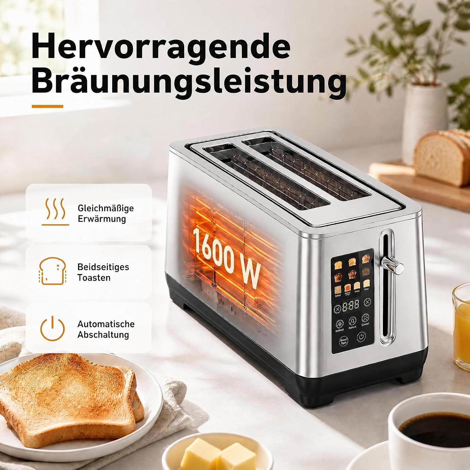 Moderner 1600W Toaster aus Edelstahl mit Digitaldisplay, Heizelementen und Toast auf Teller.