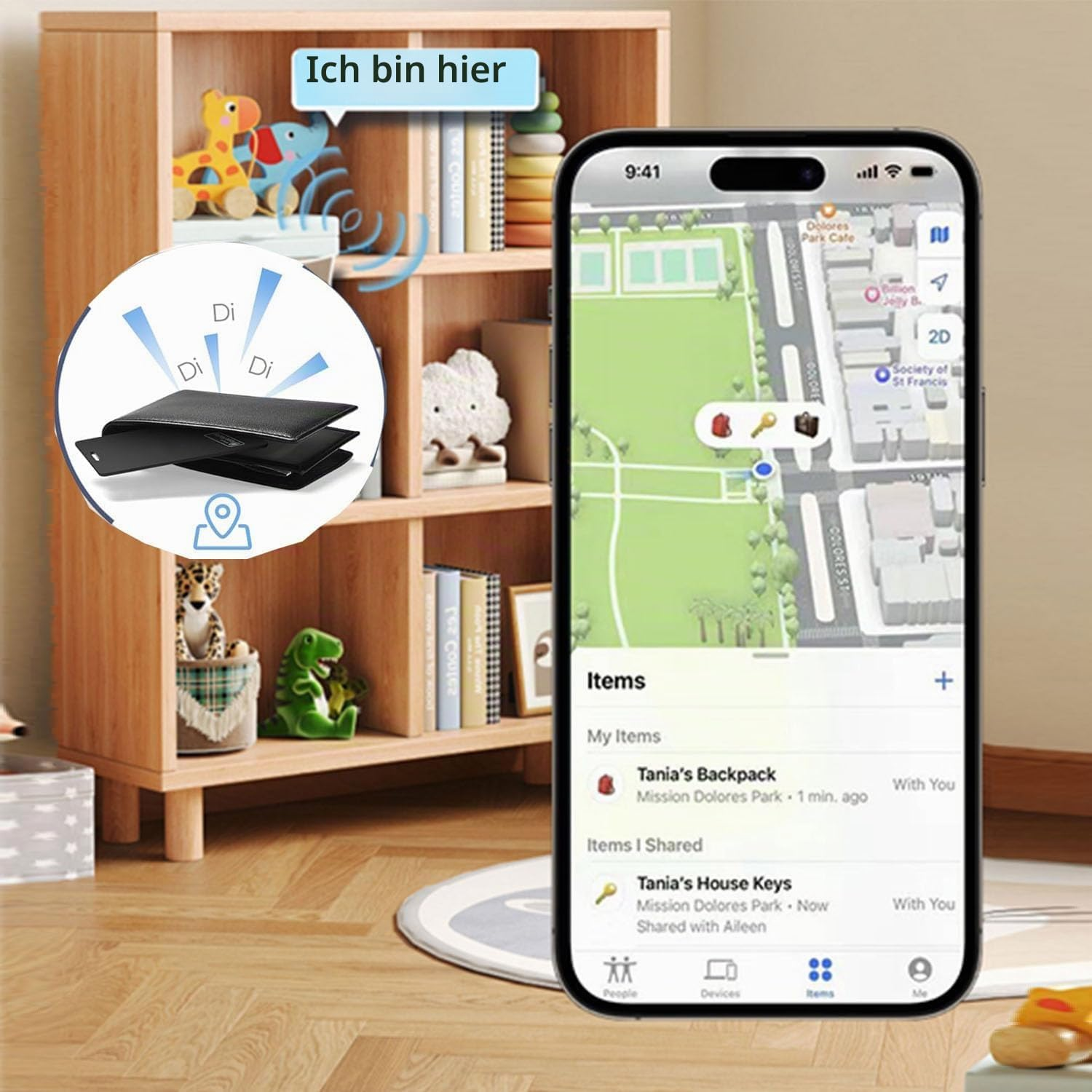 Ein Smartphone zeigt eine Tracking-App, im Hintergrund steht ein Holzregal mit Spielzeug und Büchern.