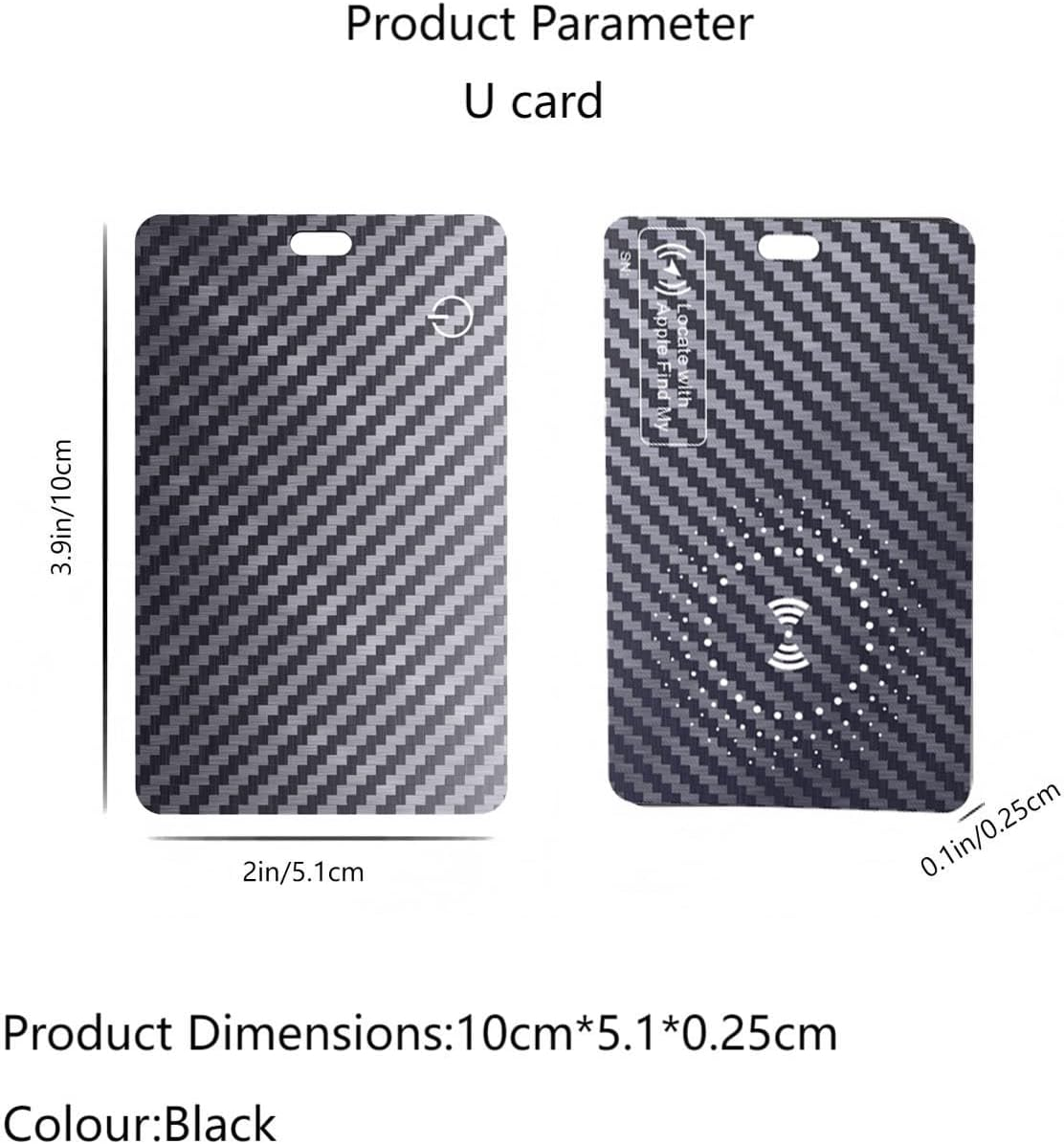 Diagramm zeigt Abmessungen einer schwarzen Carbon-U-Karte: 10cm x 5,1cm x 0,25cm.