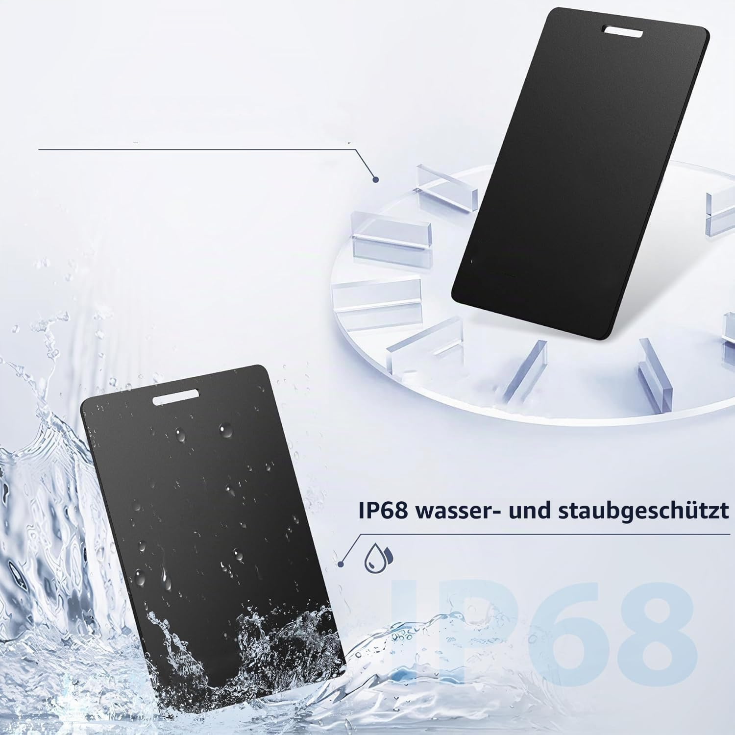Zwei schwarze Karten auf einer Uhr und im Wasser mit IP68 Schutz.