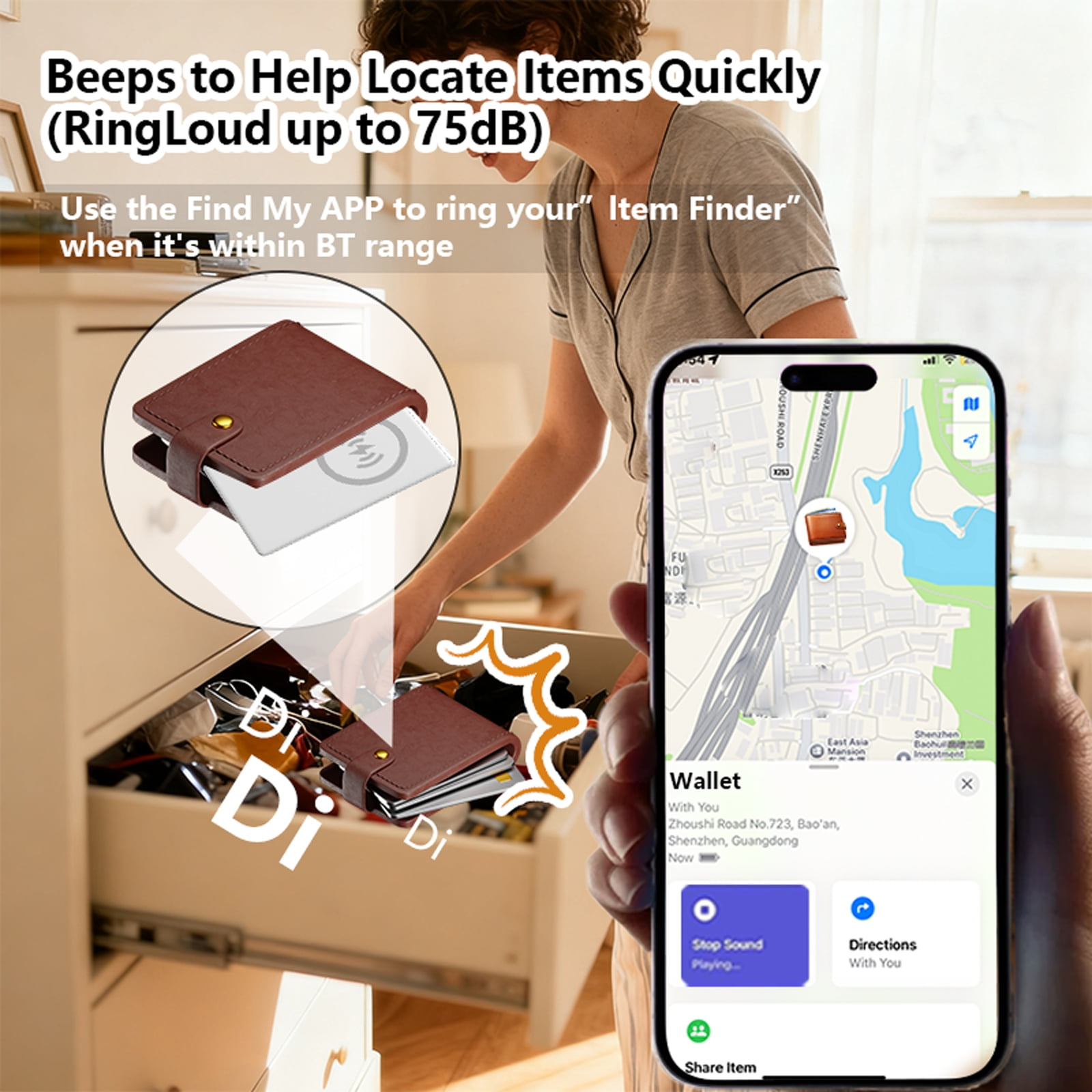Eine Frau schaut in eine Schublade, während eine App auf einem Handy ein braunes Portemonnaie ortet.