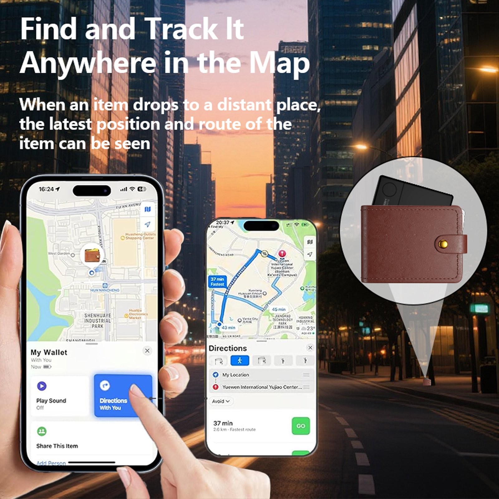 Zwei Smartphones mit Karten und ein braunes Leder-Portemonnaie vor einer Stadtkulisse.