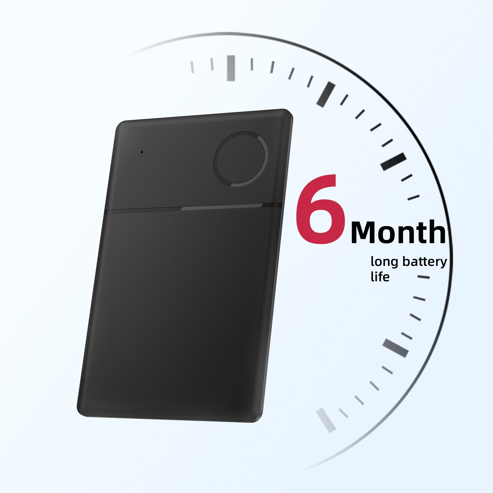 Ein schwarzes Gerät vor einem Zifferblatt mit dem Text 6 Month long battery life.