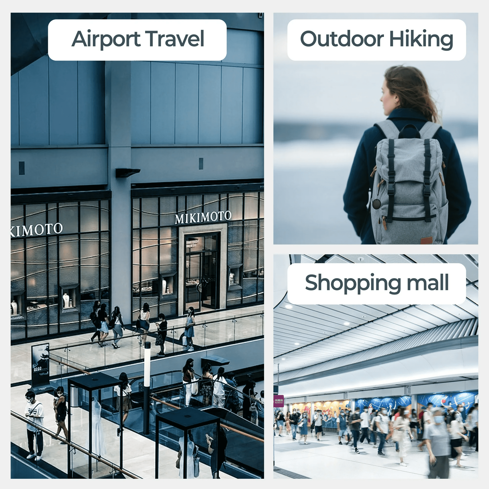 Collage mit Flughafen, Wanderin mit Rucksack und geschäftigem Einkaufszentrum.