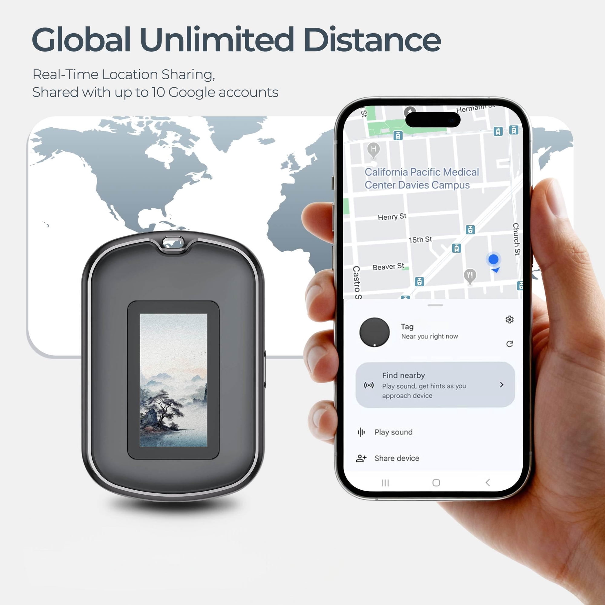 Ein Smartphone zeigt eine Tracking-App und ein GPS-Gerät vor einer Weltkarte.