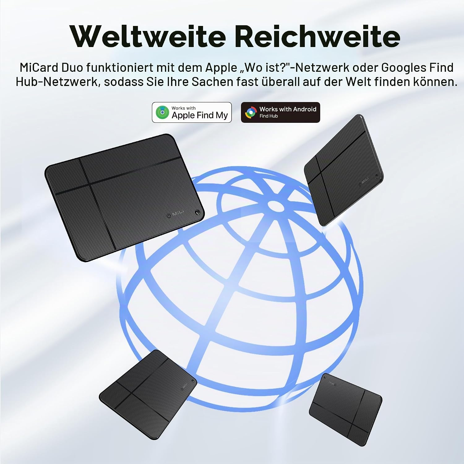Vier schwarze Tracking-Karten schweben um einen blauen Drahtgitter-Globus vor hellem Hintergrund.
